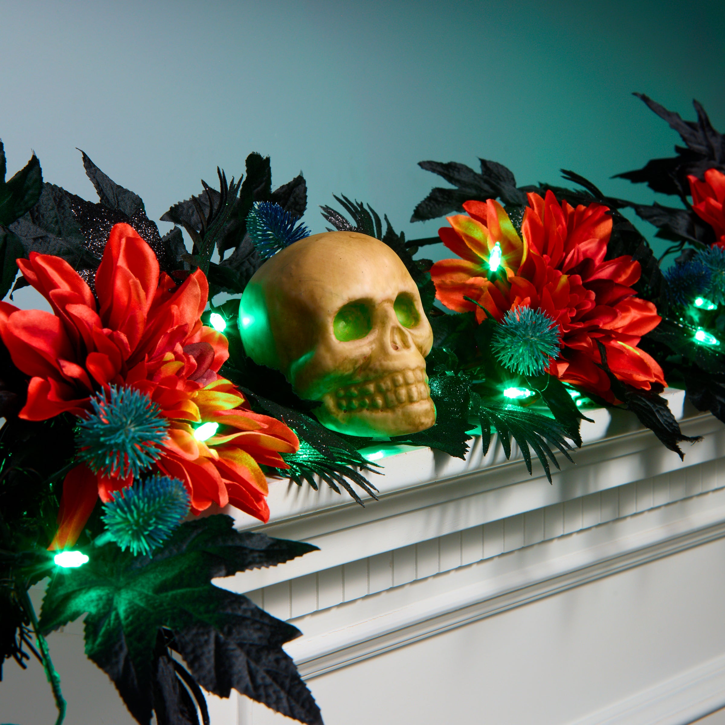 6 ft Halloween Garland with Orange Dahlia Flowers, White Skulls & LED Lights - Spooky Party Decor for Halloween, Home, Porch & Outdoor Decorations