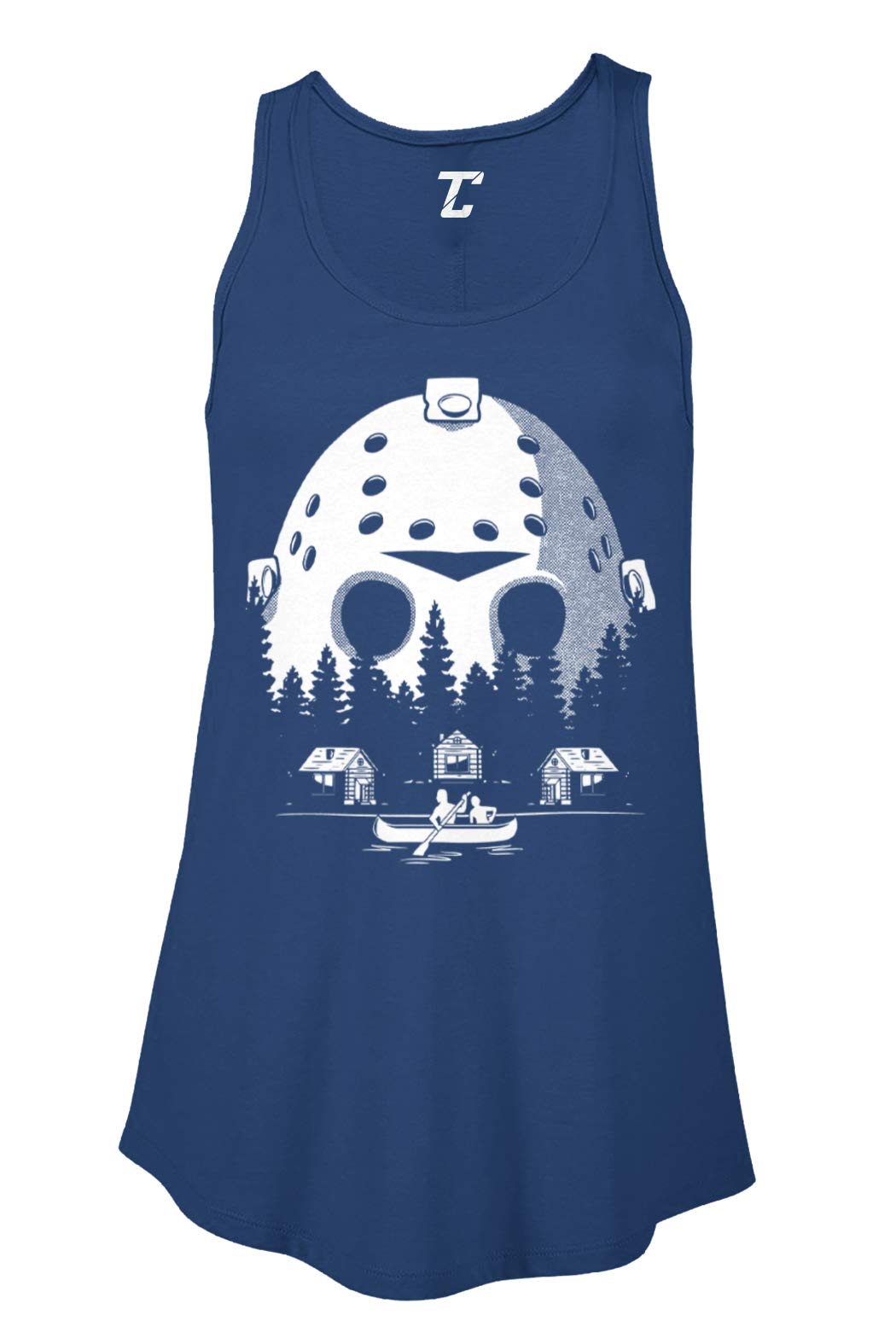 Crystal Lake Scenery Jason Voorhees Mask Print Women's Flowy Tank Top - Horror Movie Fan Apparel for Halloween, Cosplay & Summer Outfits