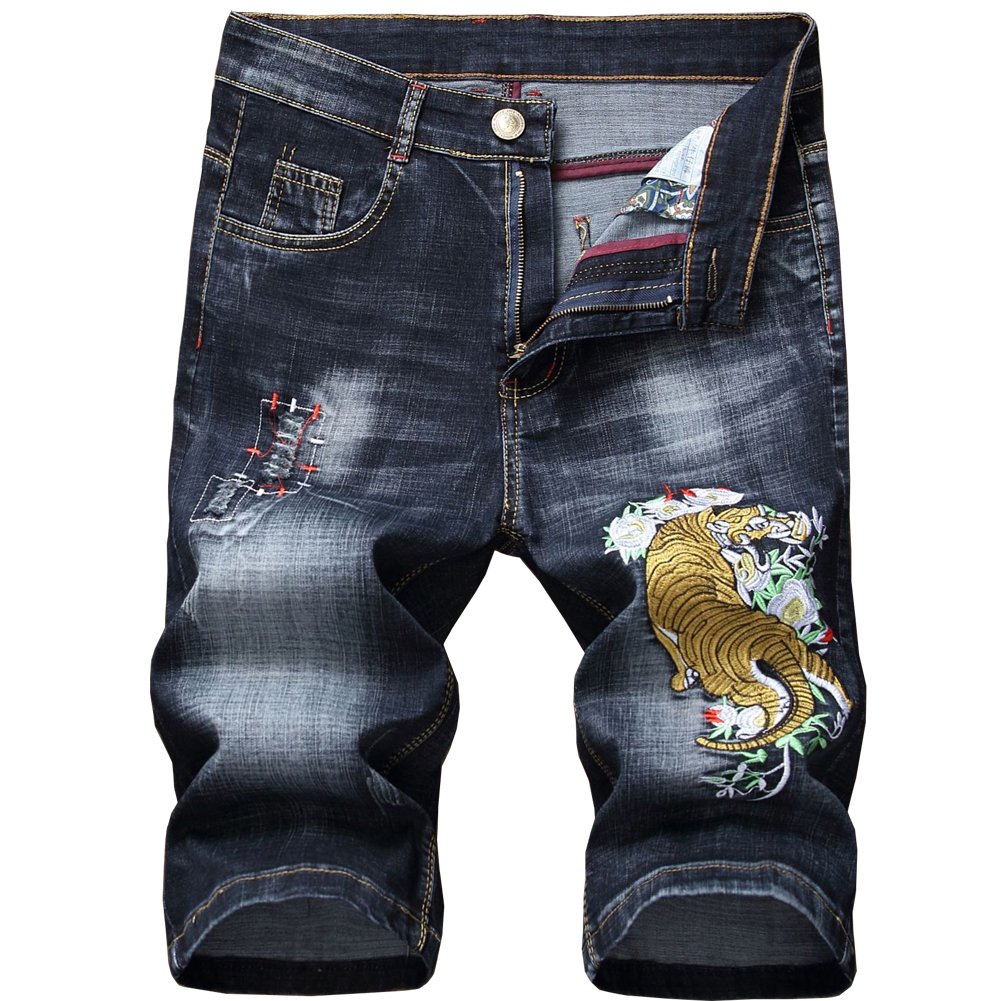 Shunht Men's Casual Summer Slim Fit Embroidery Ripped Denim Jean Shorts | Stretch Comfortable Short Pants for Beach, Travel & Streetwear Fashion