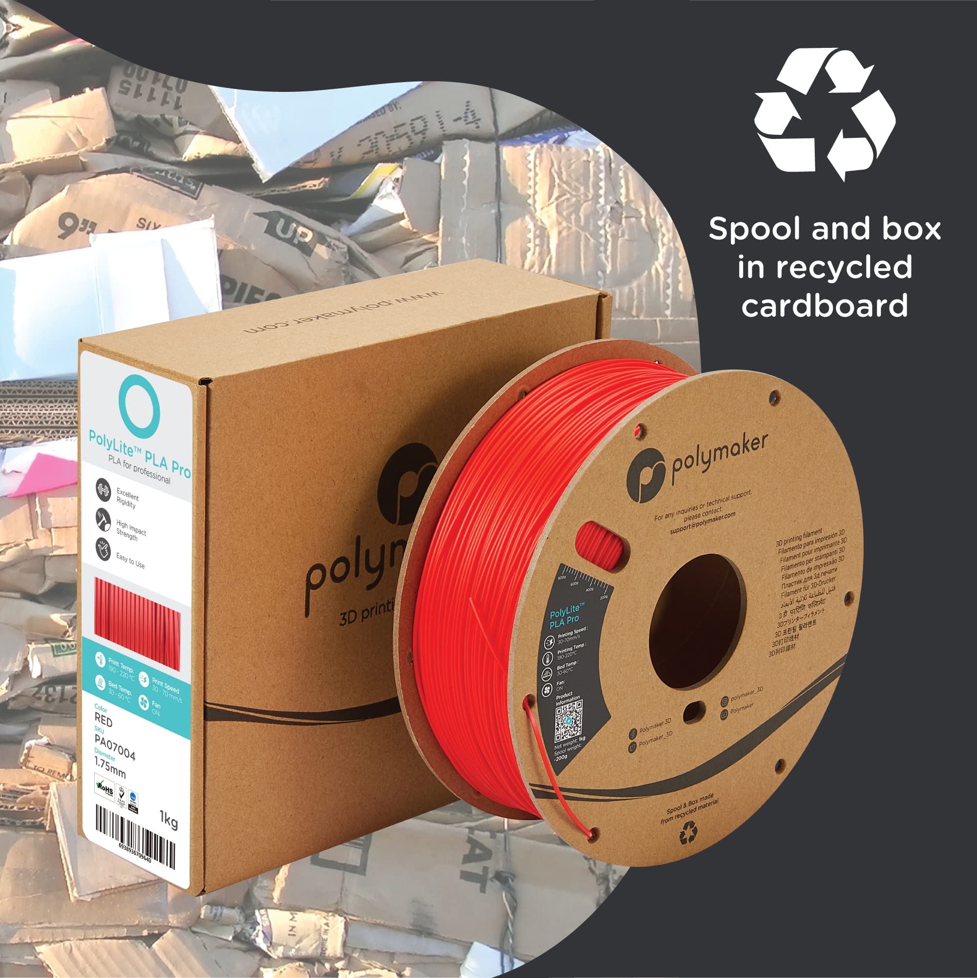 Polymaker PLA PRO 3D Printer Filament 1.75mm Red - 1kg Spool | High Strength, Tough & Rigid PLA Filament for Professional 3D Printing | Ideal for Functional Parts, Prototypes & DIY Projects