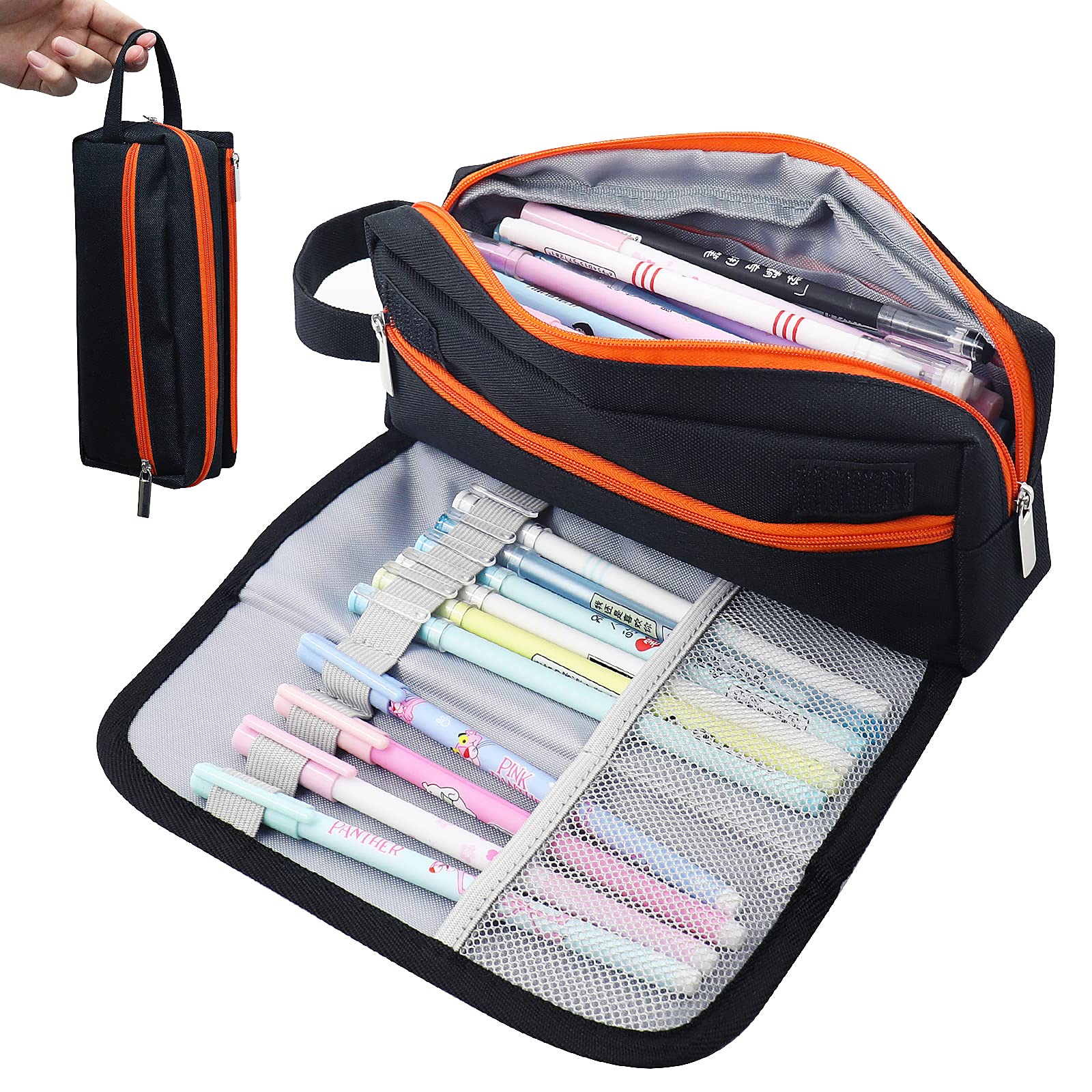 PHYLES Large Capacity Pencil Case with 4 Zipper Compartments - Durable Oxford Cloth Pencil Pouch for School, Office & College - Perfect Organizer for Pens, Markers & Art Supplies (Black) - Great Gift for Students & Teens
