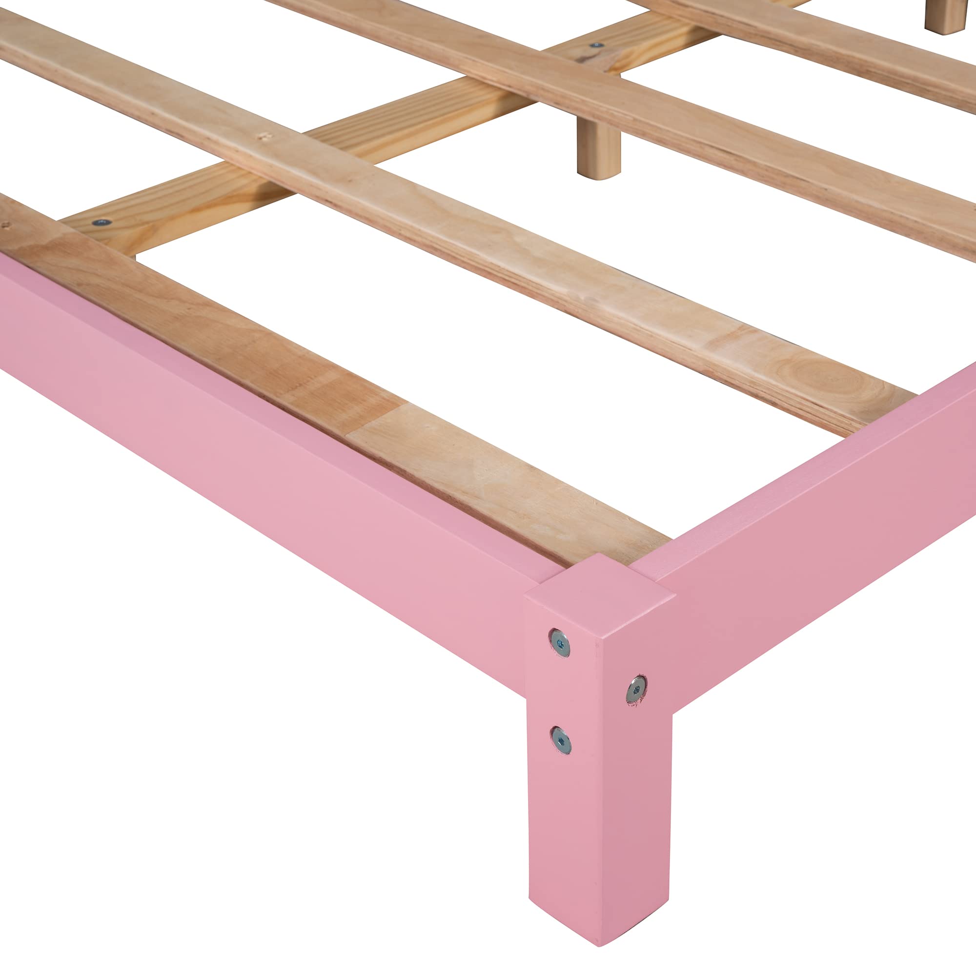 Full Size Bed Frame with House Shaped Headboard & Slats - Sturdy Platform Bed for Kids, Boys & Girls in Pink - Perfect for Bedrooms, Playrooms & Kids' Sleepovers