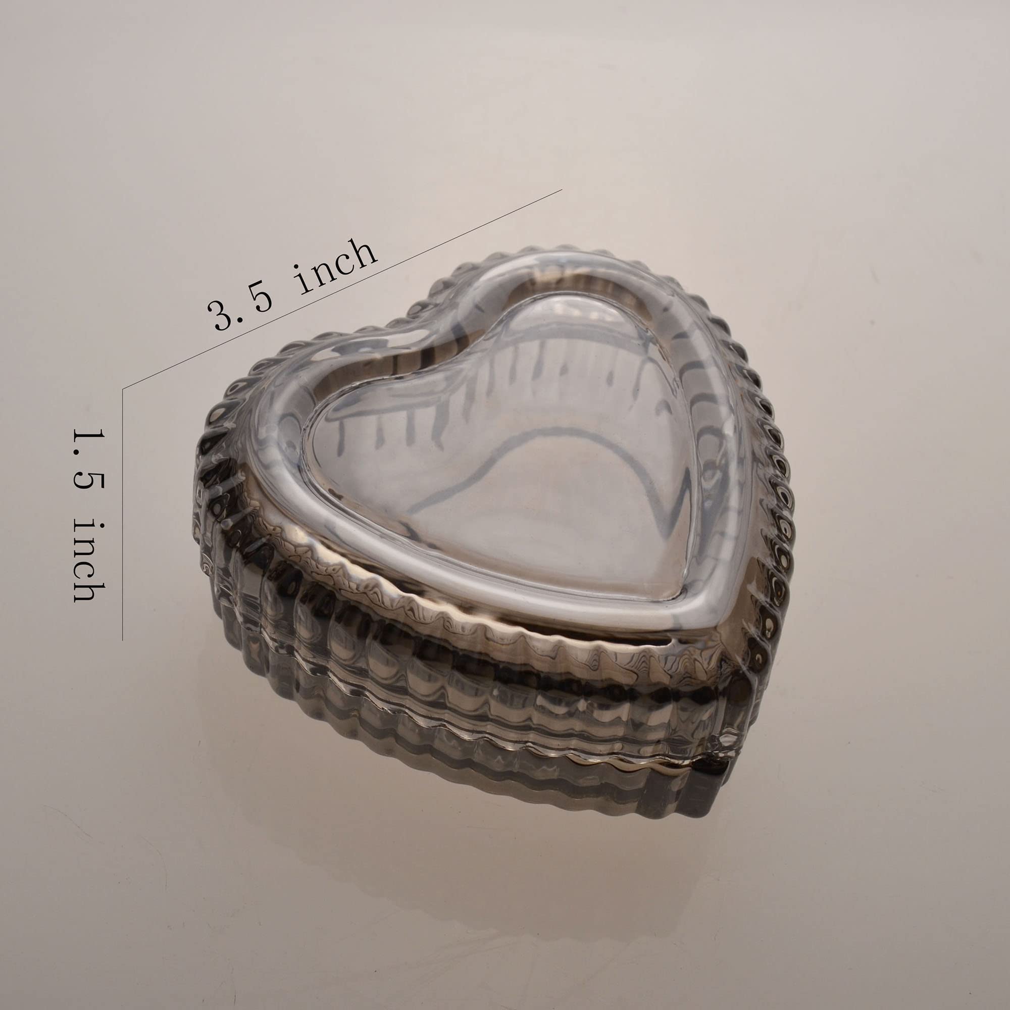 Gaolinci Crystal Glass Heart-Shaped Jewelry Storage Box with Lid - Embossed Design for Rings, Necklaces & Small Treasures - Perfect for Valentine's Gift, Wedding Favors & Home Decor (Gray)