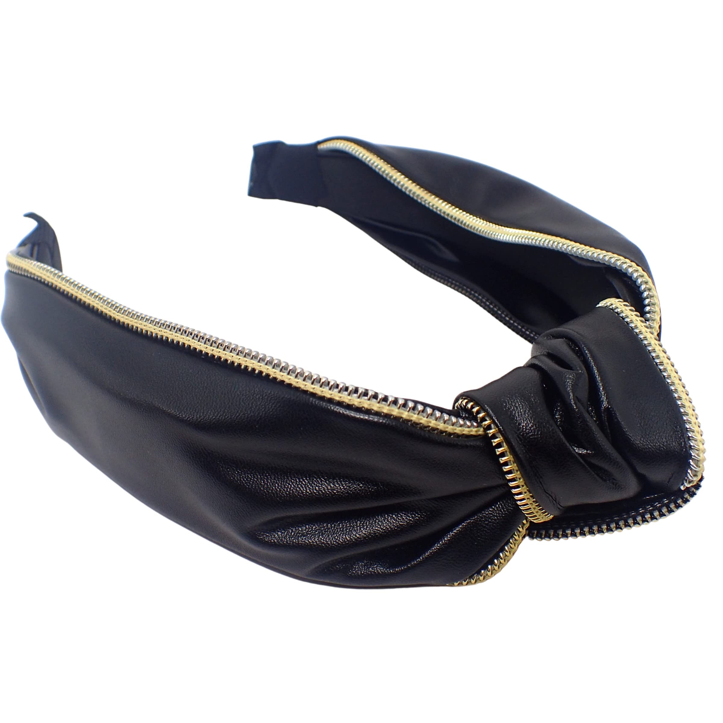 Topkids Leather Zip Knot Alice Bands for Women - Stylish Thick Wide Headbands Hair Accessories (Black) | Perfect for Work, Parties & Everyday Fashion