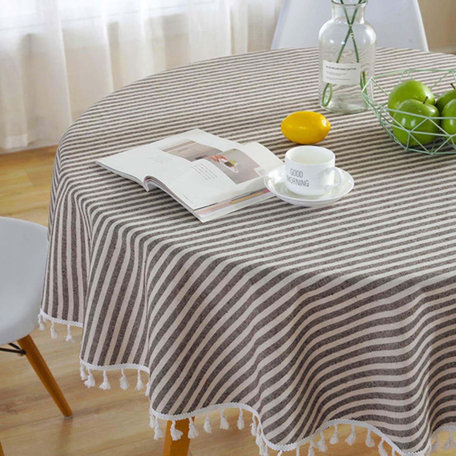 Meioro Round Tablecloth 47 Inch - Striped Cotton Linen Table Cover with Tassel Trim, Dust-Proof Dining Table Cloth for Coffee Tables, Side Tables, Card Tables - Perfect for Parties, Home Decor & Restaurant Use (Coffee Brown)