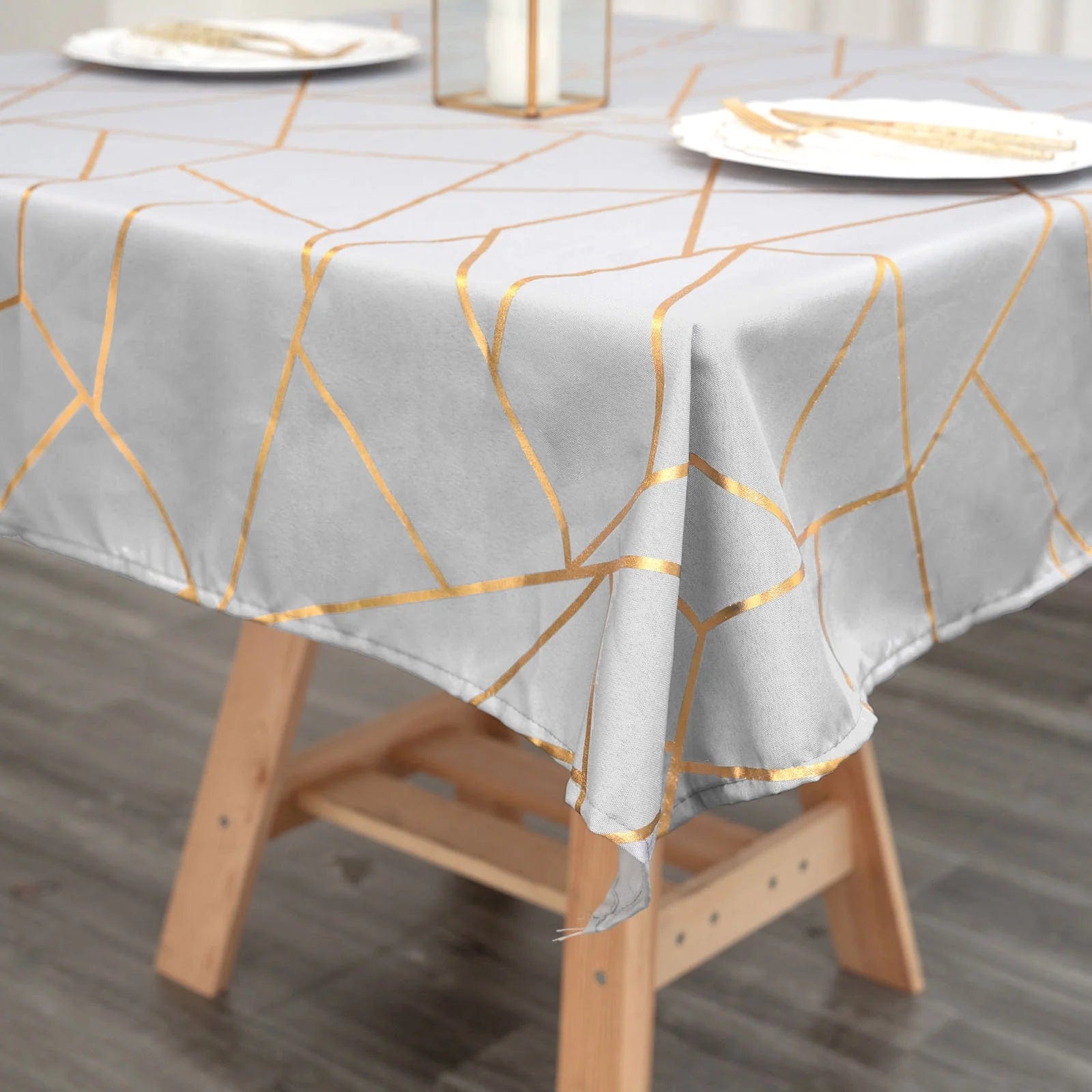 54x54 Inch Polyester Square Table Overlay with Metallic Geometric Design - Perfect for Wedding, Party, and Home Decor