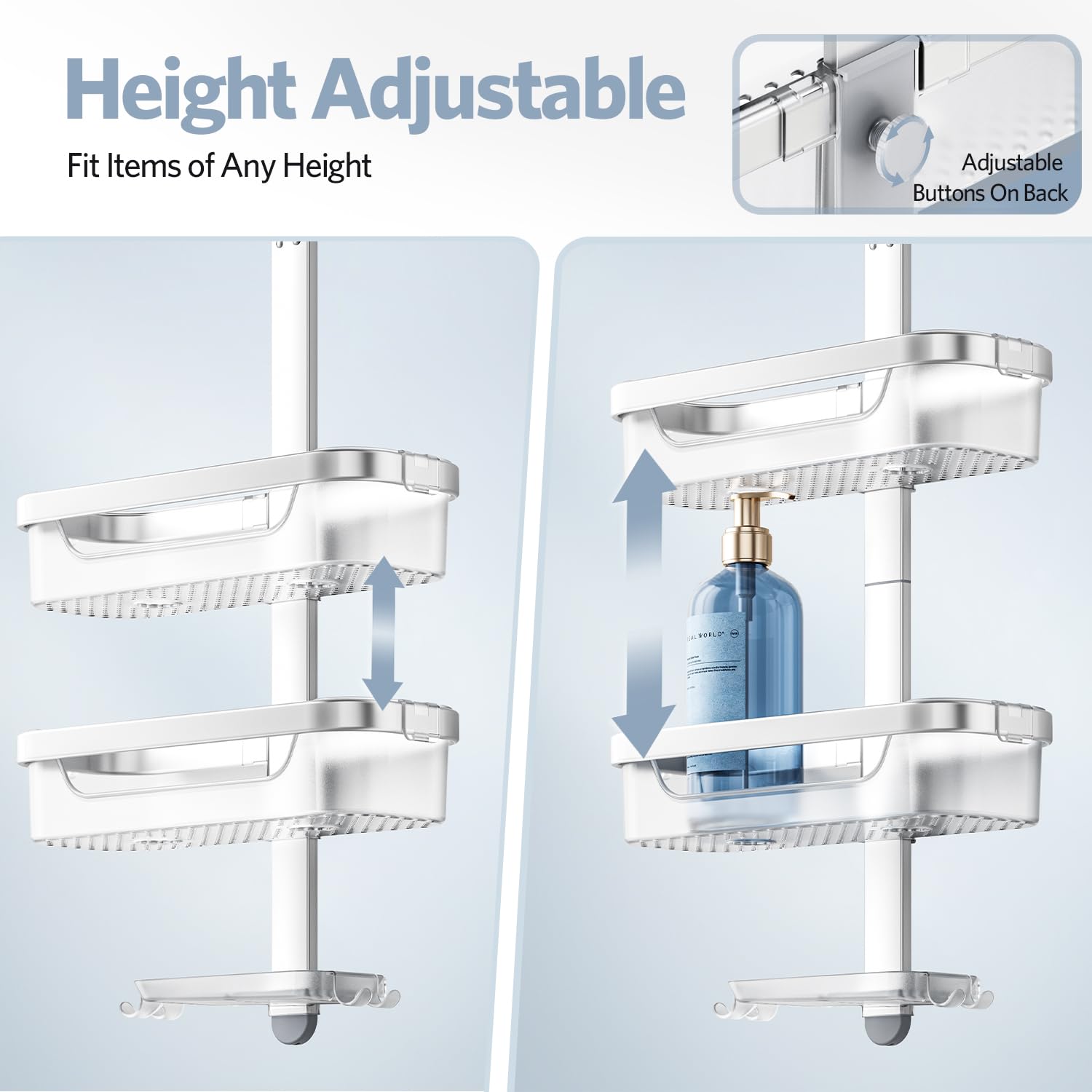 LAMU Adjustable Shower Caddy Hanging Organizer - 3-Tier Rust-Proof Aluminum Alloy + ABS Bathroom Storage with Hooks, Razor Holder & Soap Dish - Perfect for Small Spaces, Apartment & Dorm Showers (Silver)