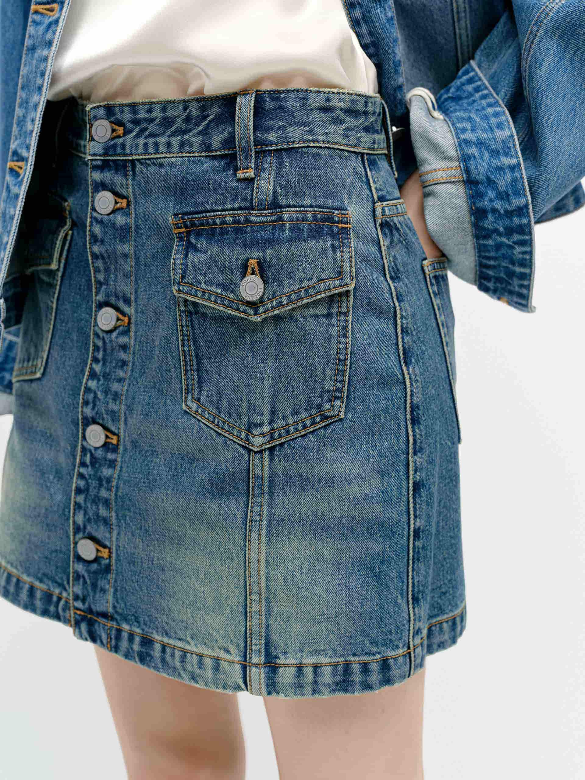 Stylish Front Button Denim Skirt for Women - High Waist A-Line Denim Skirt with Pockets - Perfect for Casual Outfits, Date Nights & Summer Fashion