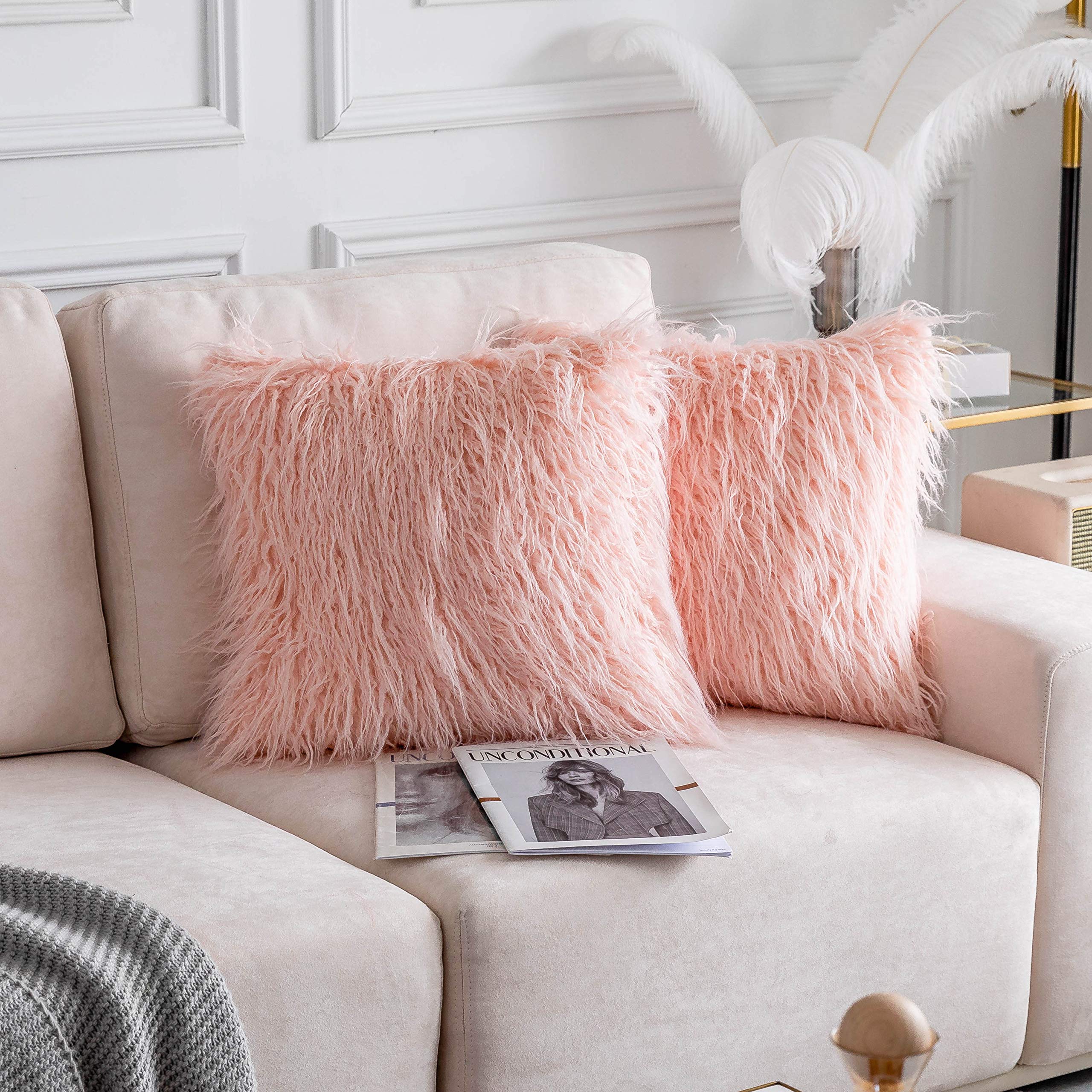 Luxury Faux Fur Pillow Covers Set of 2 - 18x18 Inch Soft Fluffy Blush Pink Throw Pillows for Couch, Bedroom Decor - Cozy Accent Pillows for Girls Room, Living Room & Home Styling