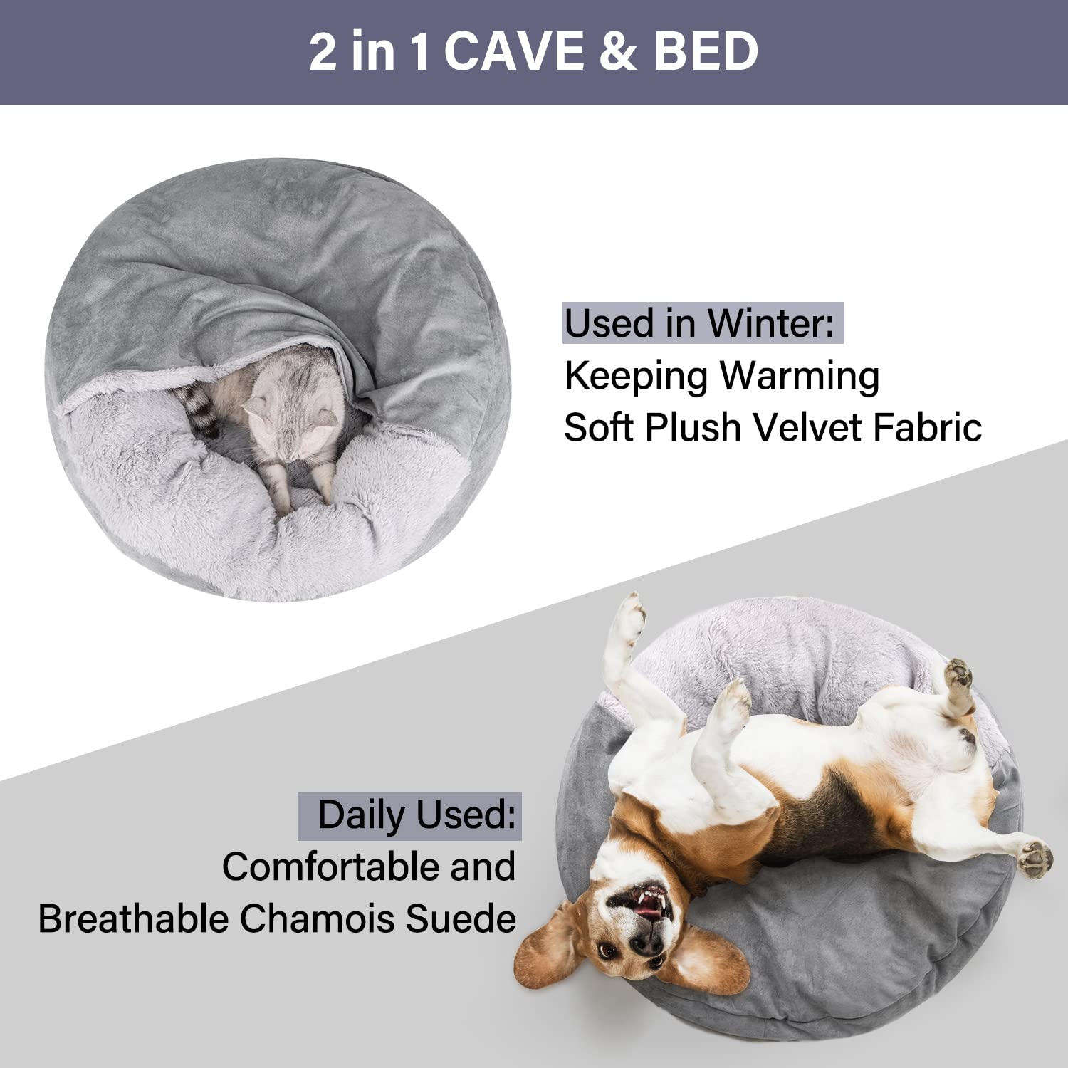 MICOOYO Medium Donut Dog Bed with Hooded Blanket - Washable Round Cuddler Pet Bed for Small to Medium Dogs & Cats (27 Inch, Grey) - Perfect for Indoor Lounging, Crate Comfort & Cozy Napping
