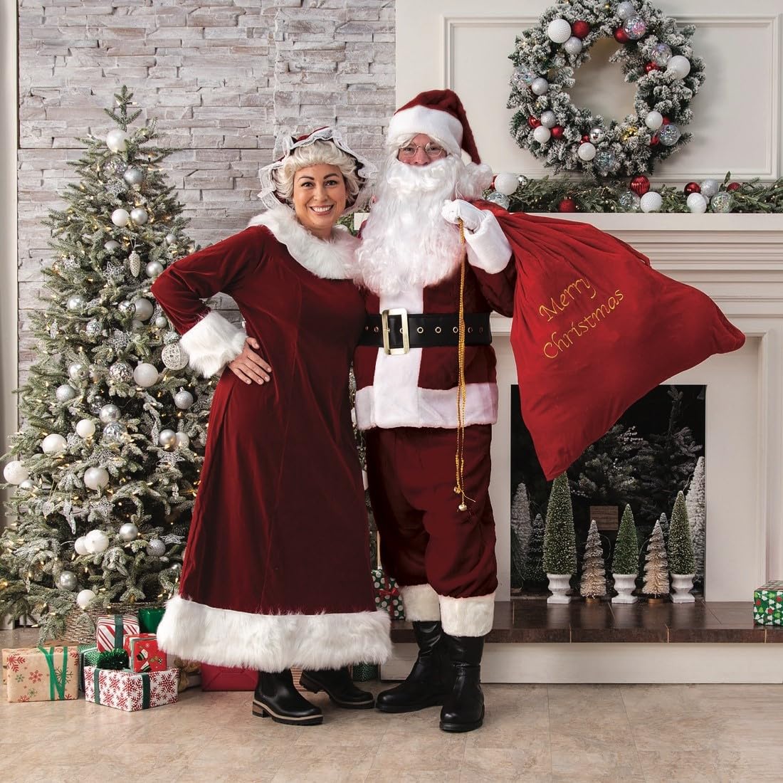 Halco Men's Santa Claus Suit 6pc - Premium Burgundy Velvet Santa Costume Set for Christmas Parties & Holiday Events
