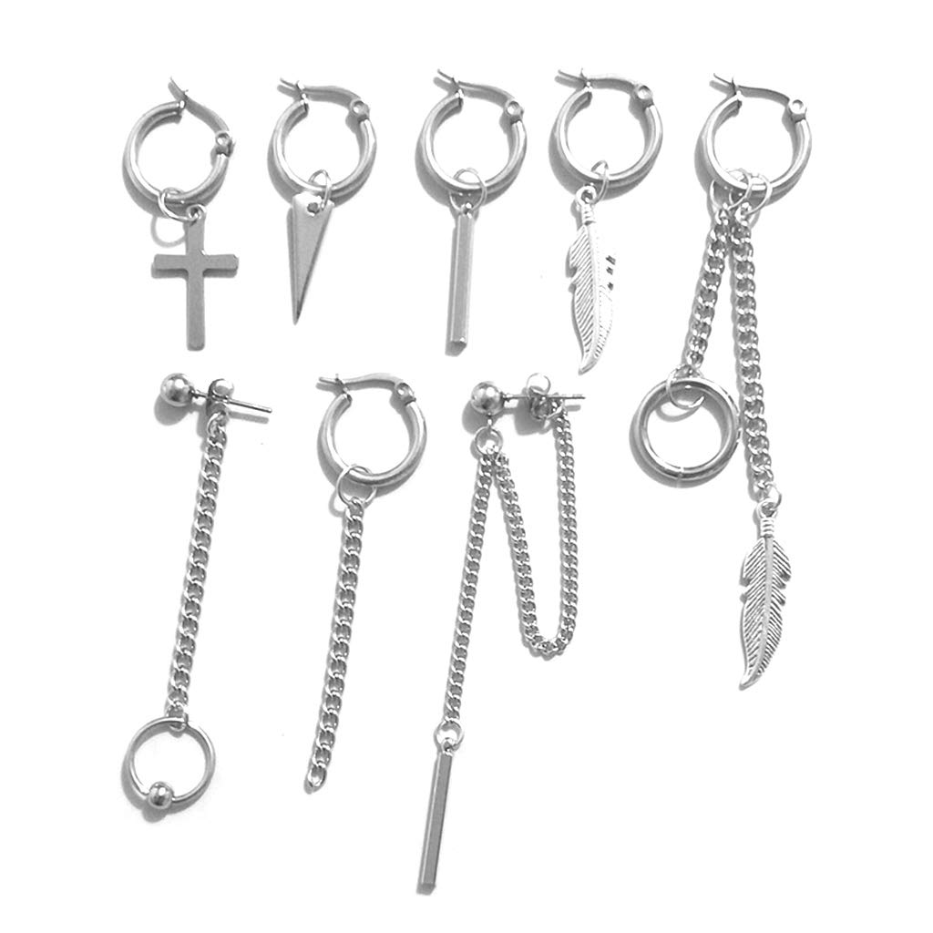 8-Piece Titanium Steel Men's & Women's Small Circle Leaf & Triangle Cross Earrings Set - Trendy Simple Personality Ear Jewelry for Birthday, Party, Christmas Gifts - Perfect for Casual Wear, Night Out, and Special Occasions