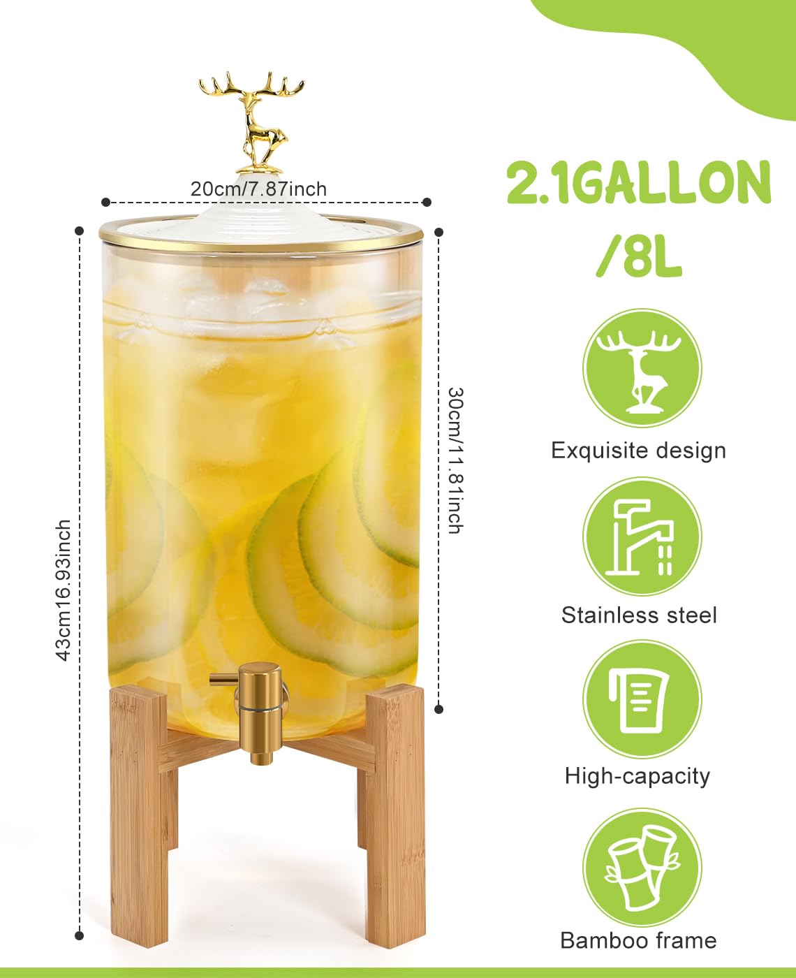 2.11 Gallon Glass Beverage Dispenser with Stainless Steel Spigot - Large Party Drink Dispenser for Lemonade, Juice, Punch & Water - Perfect for Outdoor Gatherings, BBQs, Weddings & Daily Home Use