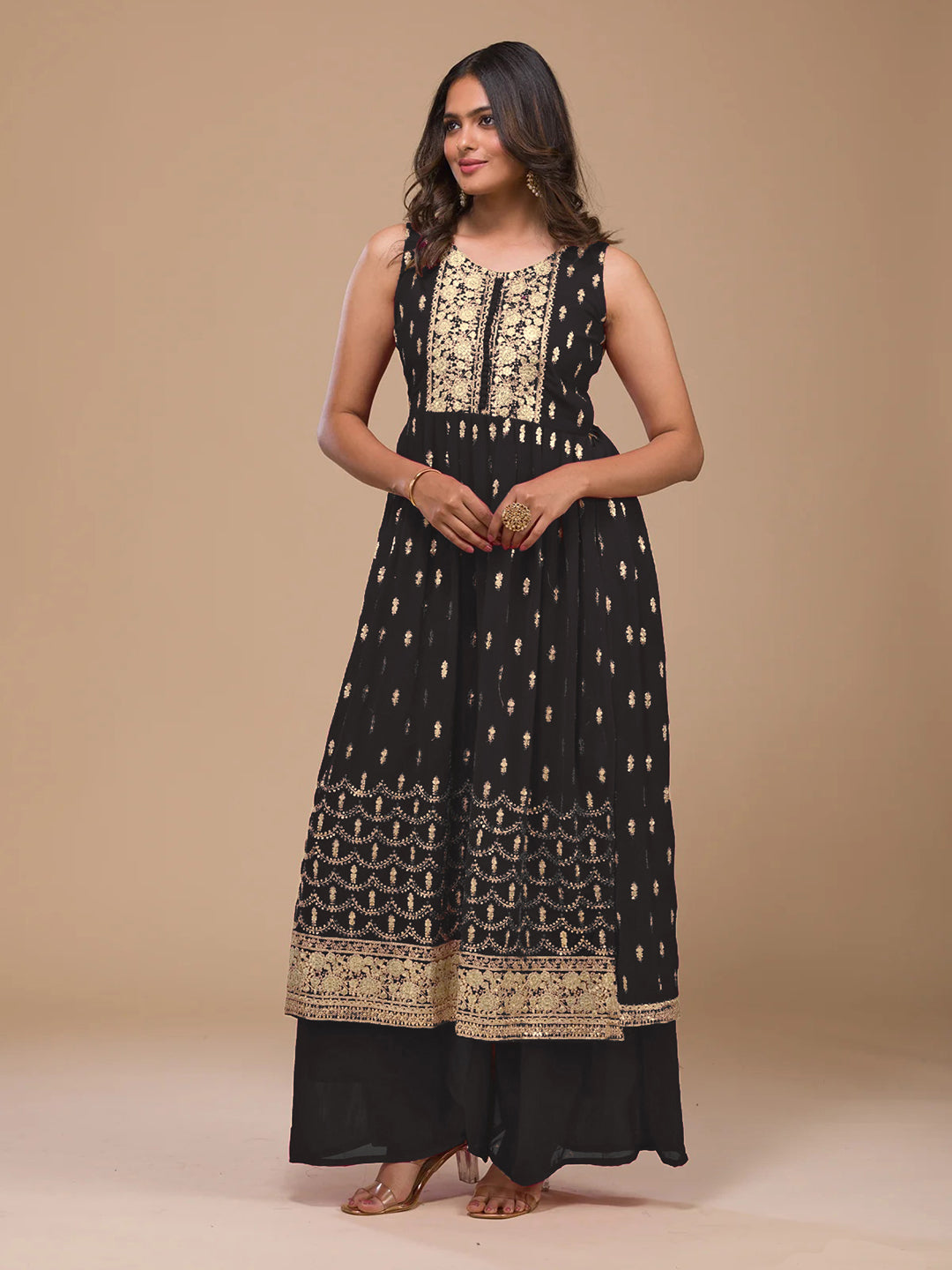 Elegant Black Pakistani Palazzo Suit with Embroidery & Sequins - Traditional Ready-to-Wear Outfit for Women - Perfect for Weddings, Parties & Festive Occasions