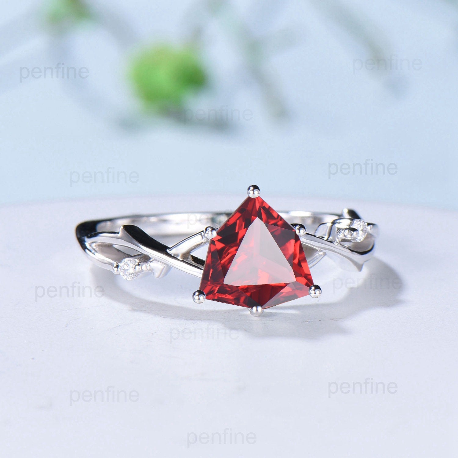 8mm Shield Cut Garnet Engagement Ring - Art Deco Vintage Twig Vine Wedding Band - Infinity Leaf Branch Design - January Birthstone Jewelry for Women - Perfect for Proposals, Anniversaries & Special Occasions