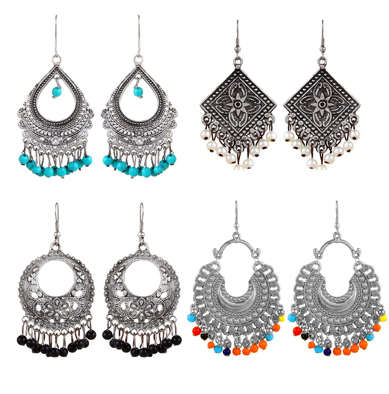 YouBella Stylish Oxidized Silver Earrings for Women - Set of 4 Afghani Jhumka Earrings | Trendy Boho Jewelry Gift for Girls & Women | Perfect for Parties, Weddings & Ethnic Fashion
