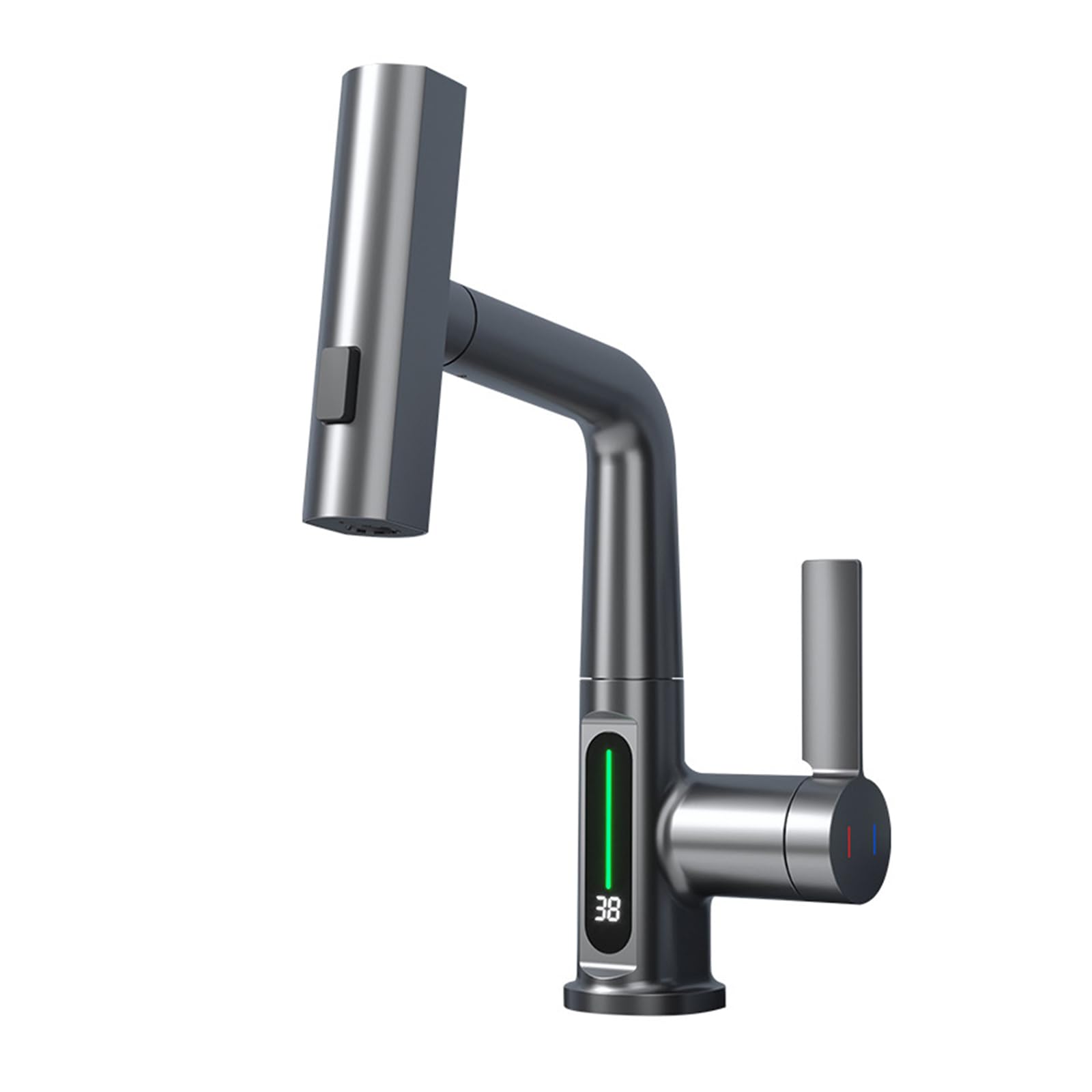 Brass Pull-Out Spray Bathroom Sink Faucet - Grey Mixer Tap with Hot & Cold Water Control - Perfect for Modern Bathrooms & Powder Rooms