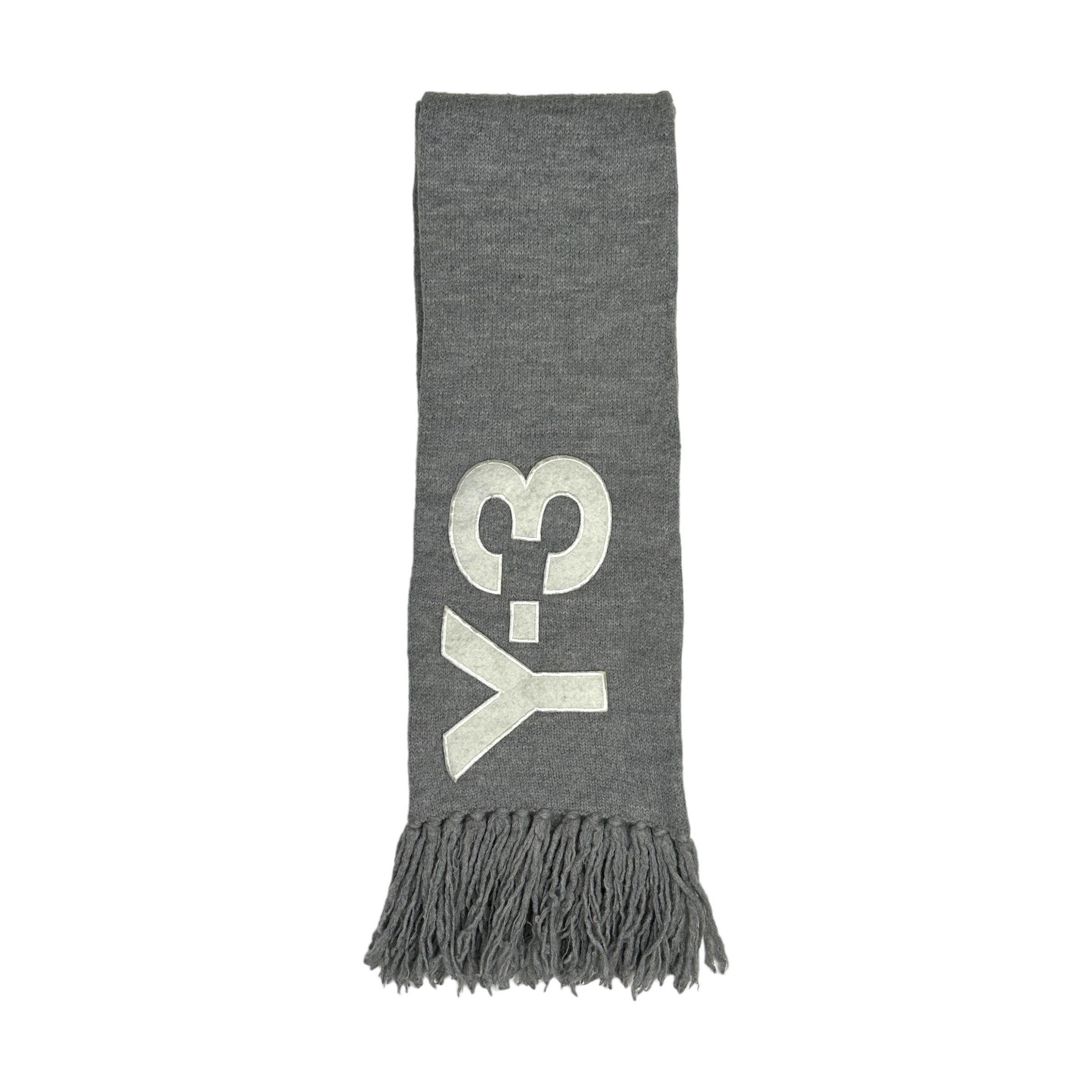 Adidas Y3 White Patch Logo Tassle Scarf - Heather Grey | Fashionable Winter Accessory for Men & Women | Perfect for Cold Weather & Streetwear Outfits