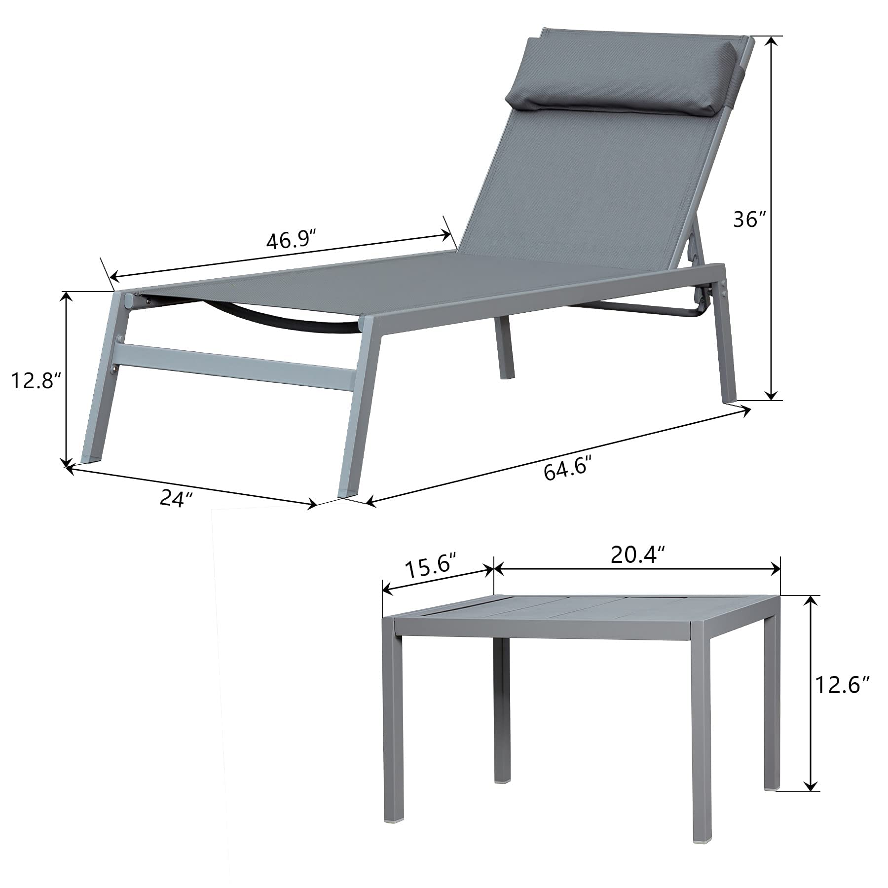 Domi Patio Chaise Lounge Set - 5-Position Adjustable Pool Lounge Chairs with Breathable Textilene Fabric, Headrest & Side Table - Sturdy Steel Frame Outdoor Furniture (Grey) - Perfect for Poolside Relaxation, Backyard Lounging & Patio Decor