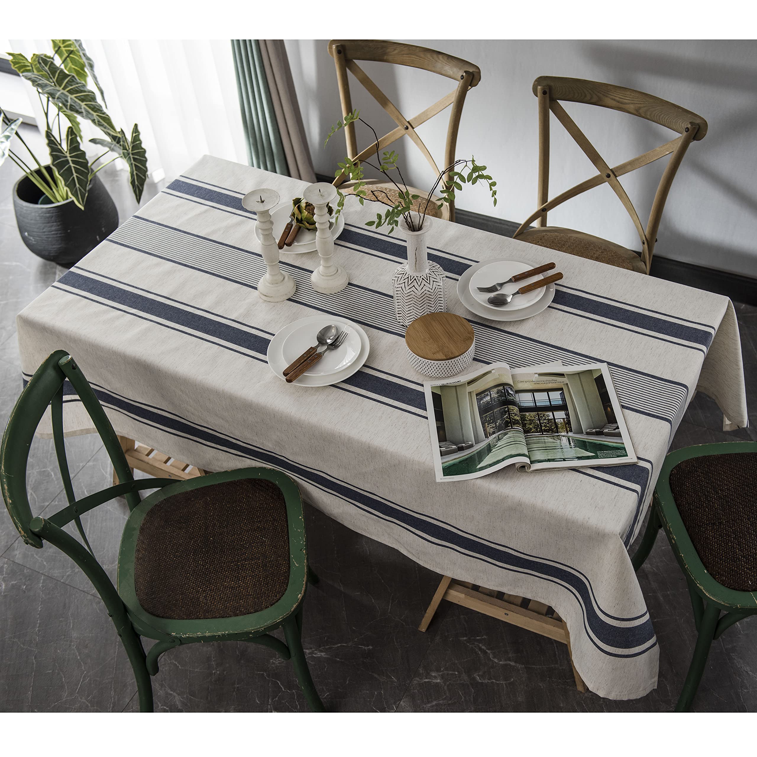 ArtBud White and Blue Striped Cotton Linen Tablecloth - Farmhouse Style Washable Rectangle Table Cover (60×70 Inches, Fits 4-6 Seats) for Kitchen, Coffee Shop, Party Decor and Dining Room Table Setting