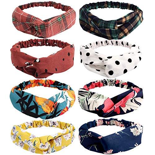 Belicia Soft Headbands for Women - 8pcs Stretchy Hair Accessories Set with Top Knot, Cross Bow & Boho Turban Styles - Comfortable Hair Hoops for Women & Girls - Perfect for Yoga, Workouts, and Everyday Styling