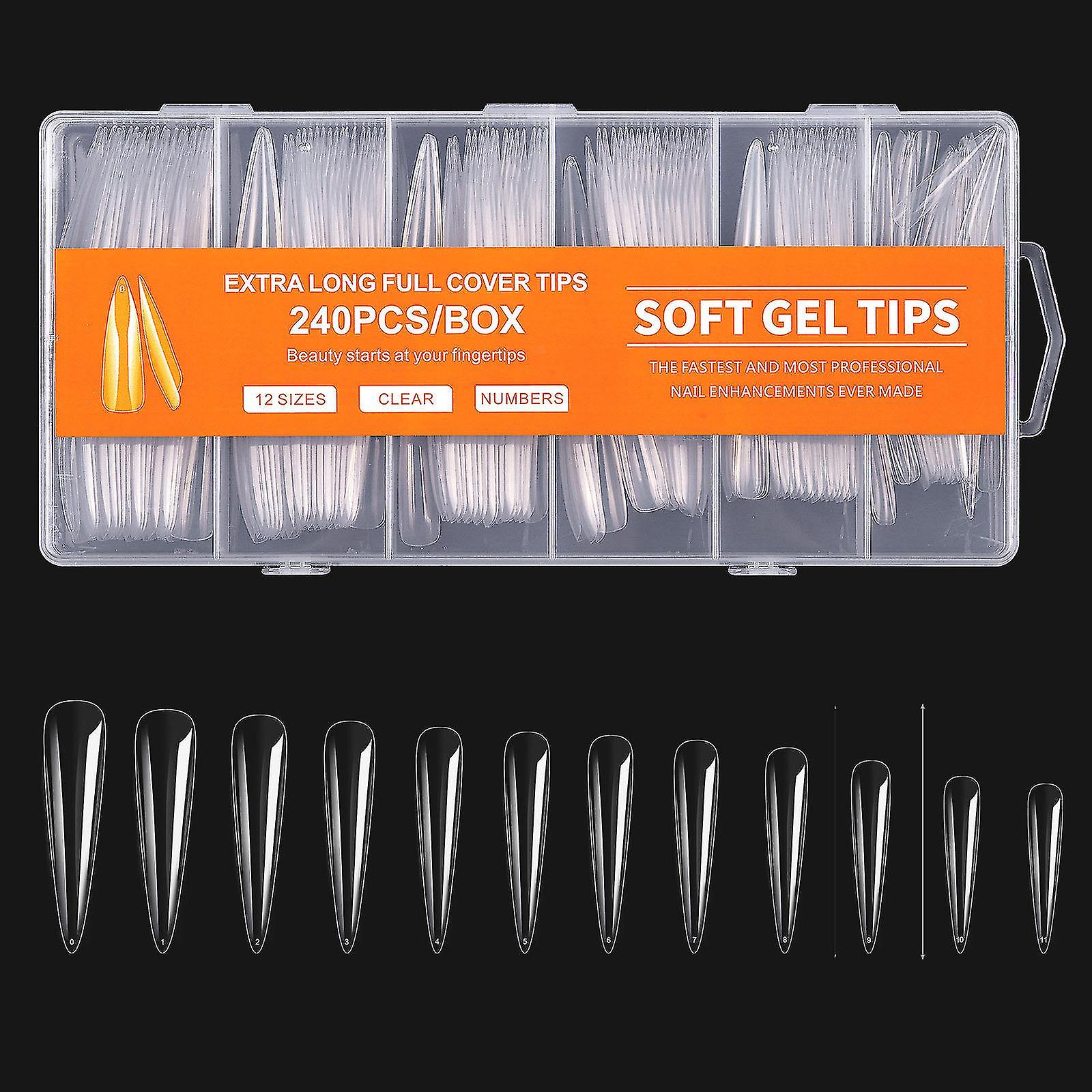 BE EXTRA LONG SOFT GEL TIPS 240PCS - Professional Nail Extension Tips for Acrylic & Gel Nails - Perfect for Salon, Home Manicure & Nail Art