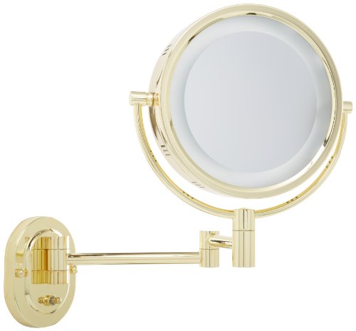 Jerdon HL65G Two-Sided Wall-Mounted Makeup Mirror with Halo Lighting - 5X Magnification & Adjustable Arm - Brass Finish Round Mirror for Bathroom, Vanity & Dressing Room - Perfect for Makeup Application, Skincare & Hair Styling
