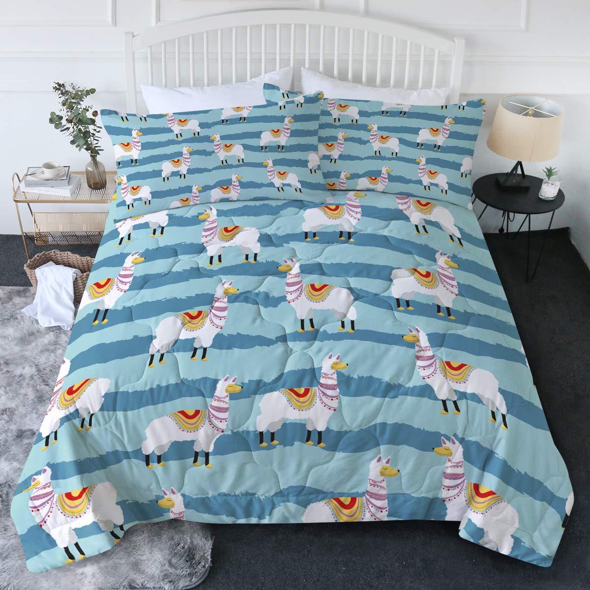 BlessLiving 3-Piece Cartoon Alpaca & Llama Comforter Set - Blue Stripes Boho Southwestern Bedding, Twin/Twin XL Size, Soft & Machine Washable - Perfect for Kids' Rooms, Dorm Decor & Cozy Bedroom Makeovers