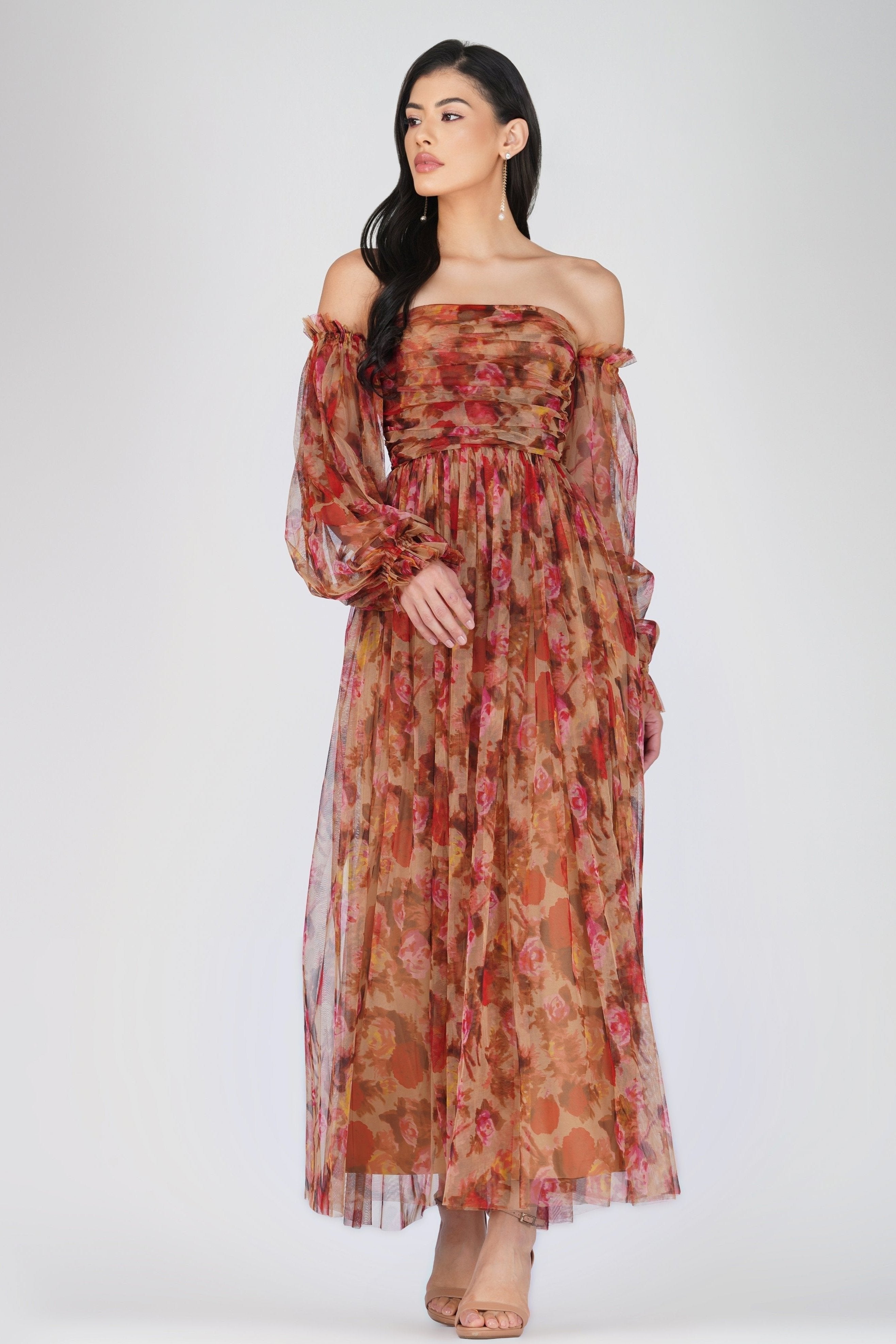 Lana Brown Floral Tulle Dress for Women - Elegant A-Line Party Gown with Lace Details - Perfect for Weddings, Prom, Cocktail Parties & Special Occasions