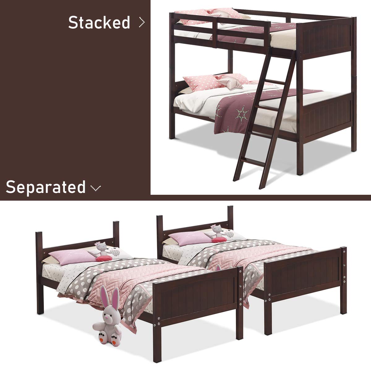 Costzon Solid Rubberwood Twin Over Twin Bunk Bed for Kids - Convertible to 2 Individual Twin Beds with Ladder & Safety Rail - Espresso Finish - Perfect for Kids' Bedrooms, Sleepovers & Space-Saving Solutions
