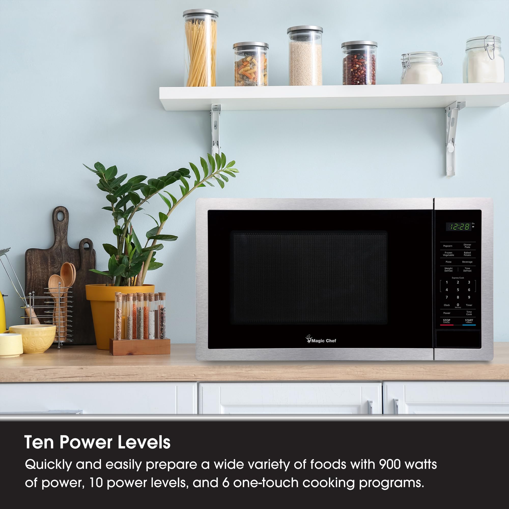 Magic Chef 0.9 Cu Ft Countertop Microwave Oven - 900W Compact Stainless Steel Small Microwave for Dorm, Office & Kitchen - Perfect for Quick Meals & Reheating Food