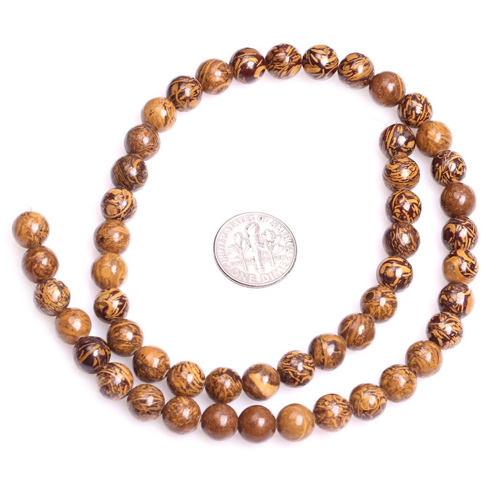 8mm Natural Round Yellow Elephant Skin Jasper Gemstone Beads - 15