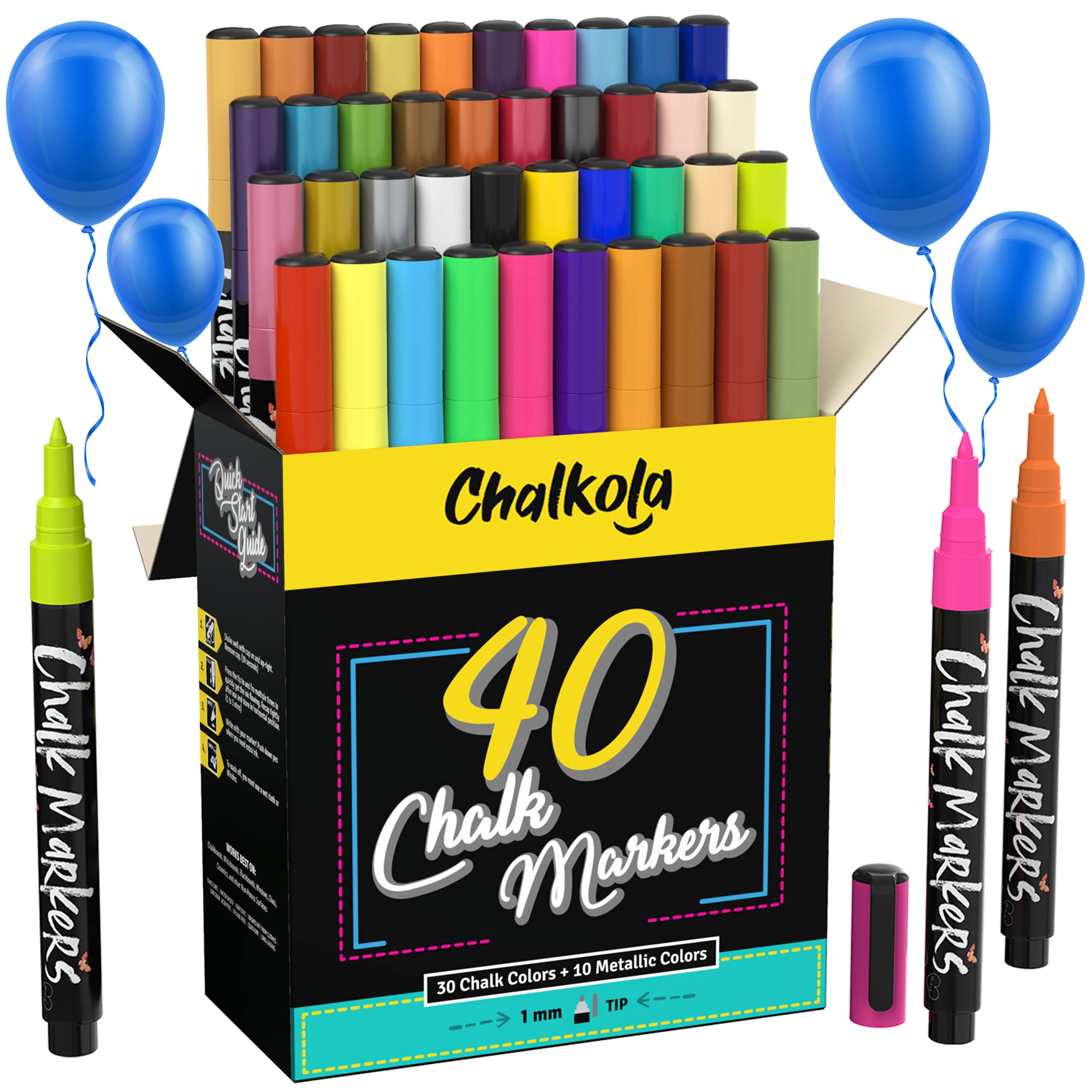 40 Pack Extra Fine Tip Chalk Markers - Neon, Classic & Metallic Colors for Chalkboard, Blackboard, Windows, Labels & Glass Writing - 1mm Precision Tip - Wet Wipe Erasable - Perfect for Restaurants, Cafes, Retail Signs & DIY Crafts