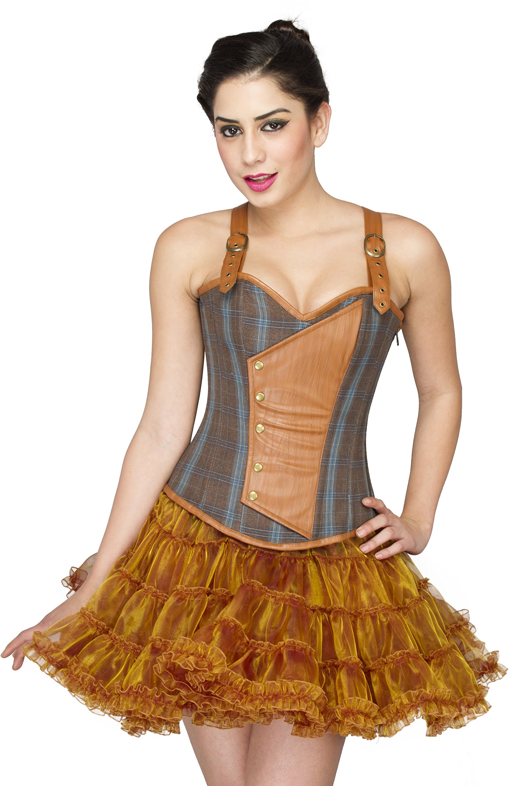 Brown Cotton Gothic Steampunk Corset Dress with Leather Straps - Victorian Overbust Costume for Cosplay, Renaissance Fairs & Themed Parties