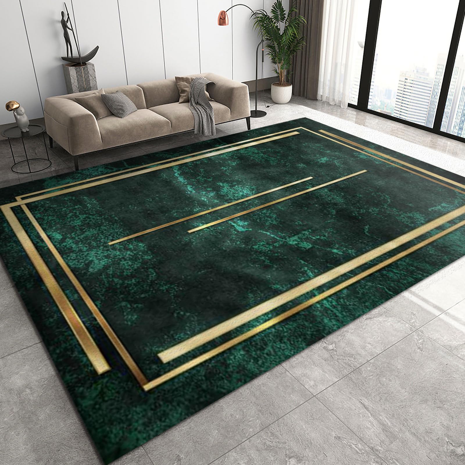 GIRTFU 8x10 Large Area Rugs - Emerald Green with Golden Geometric Lines, Fluffy Plush Rug for Living Room, Bedroom, Nursery | Non-Slip Backing, European Luxury Style | Perfect for Home Decor, Kids Room, and Cozy Spaces