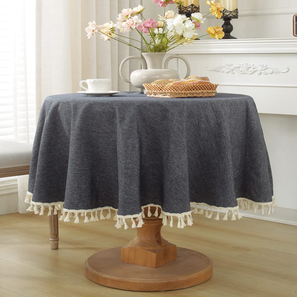 Premium 60 Inch Round Linen Tablecloth - Wrinkle-Free Farmhouse Style Dining Table Cover with Tassels | Light Black All-Season Table Cloth for Indoor/Outdoor Kitchen, Dining Room, Party & Home Decor | Perfect for Dinner Parties, Holiday Gatherings & Everyday Use