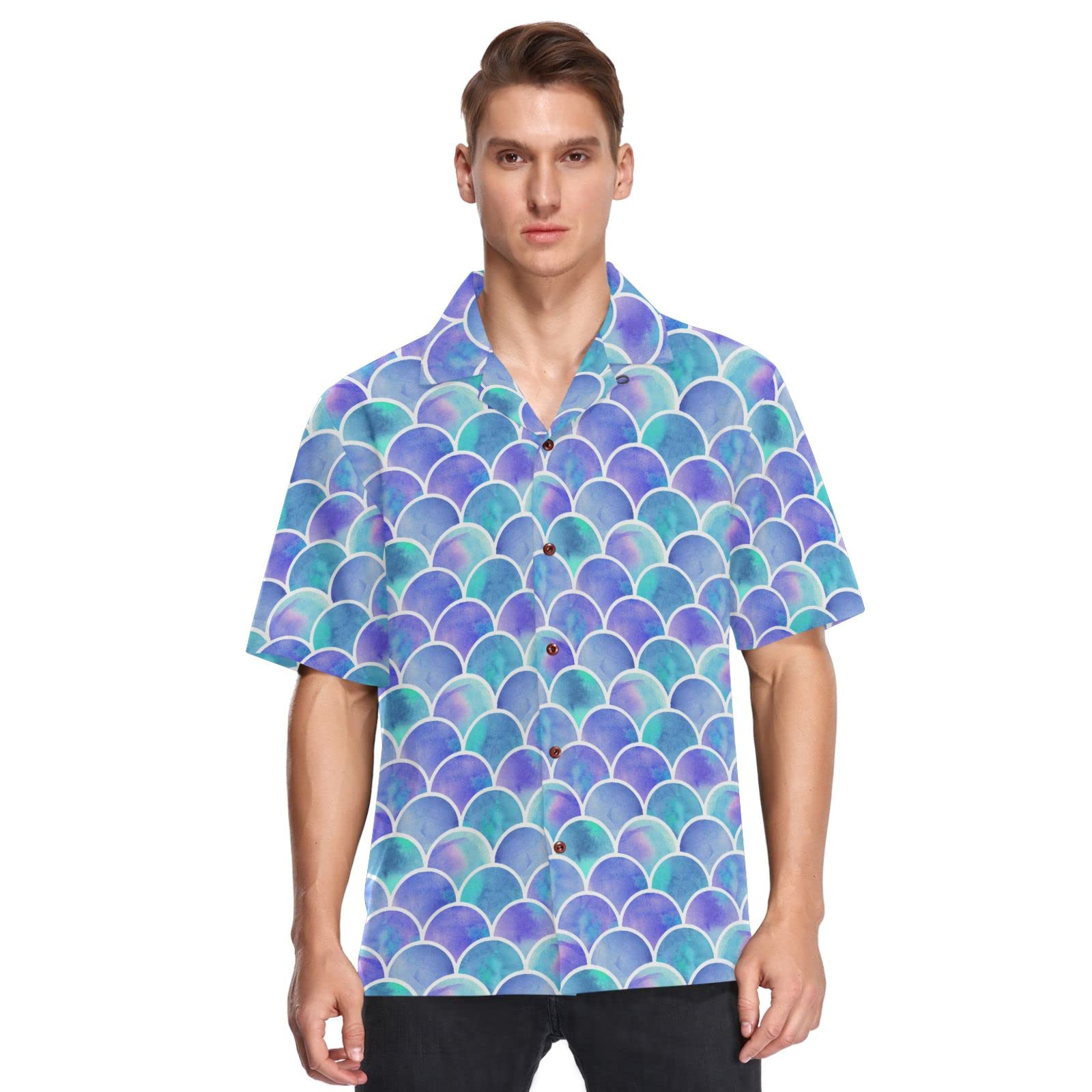 ALAZA Men's Mermaid Scale Quick Dry Hawaiian Shirt - Lightweight Breathable Beach Shirt for Summer Vacation, Pool Party & Tropical Getaway