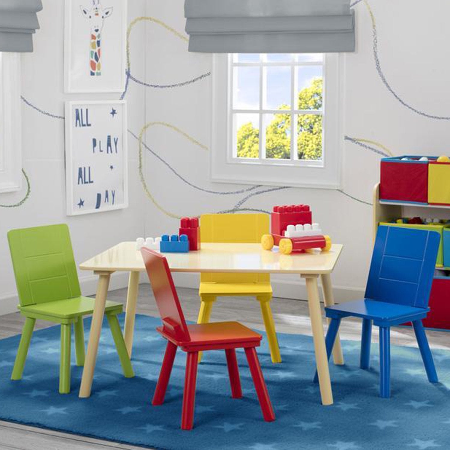 Kids Table and Chair Set - 4-Piece Wooden Children's Furniture for Playroom, Learning & Dining - Perfect for Toddlers & Preschoolers (Pink/Blue) - Ideal for Arts & Crafts, Snack Time, and Homeschooling Activities