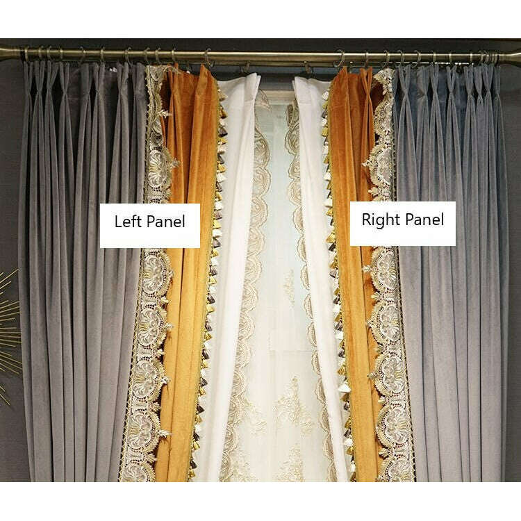 Brittany Luxury Royal Lace Designer Velvet Curtains - Gray & Orange Elegant Window Drapes for Living Room, Bedroom & Wedding Decor