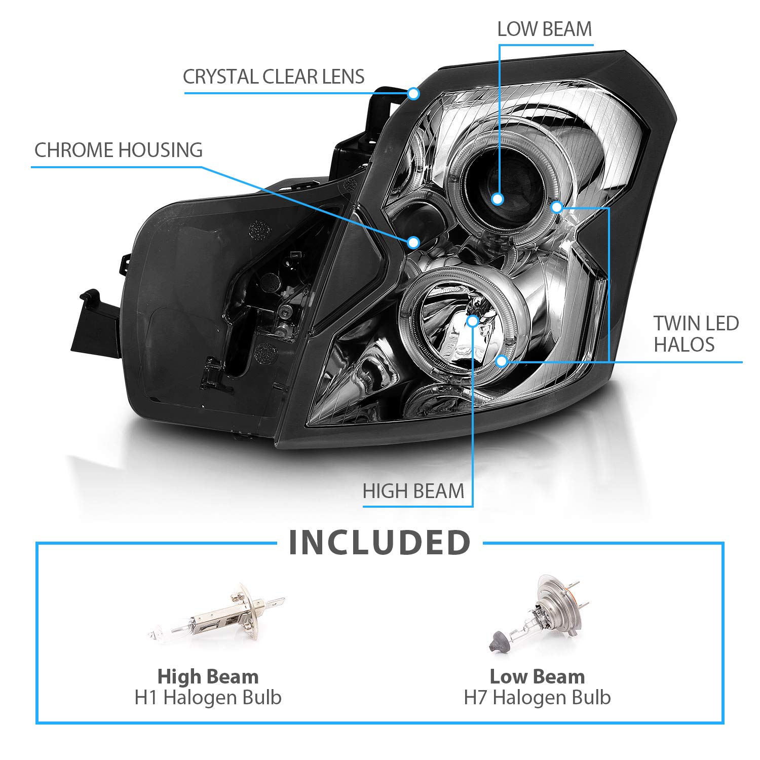 2003-2007 Cadillac CTS LED Halo Projector Headlights - OE Chrome Replacement Pair (Driver & Passenger Side) - Bright White Light for Night Driving & Enhanced Style