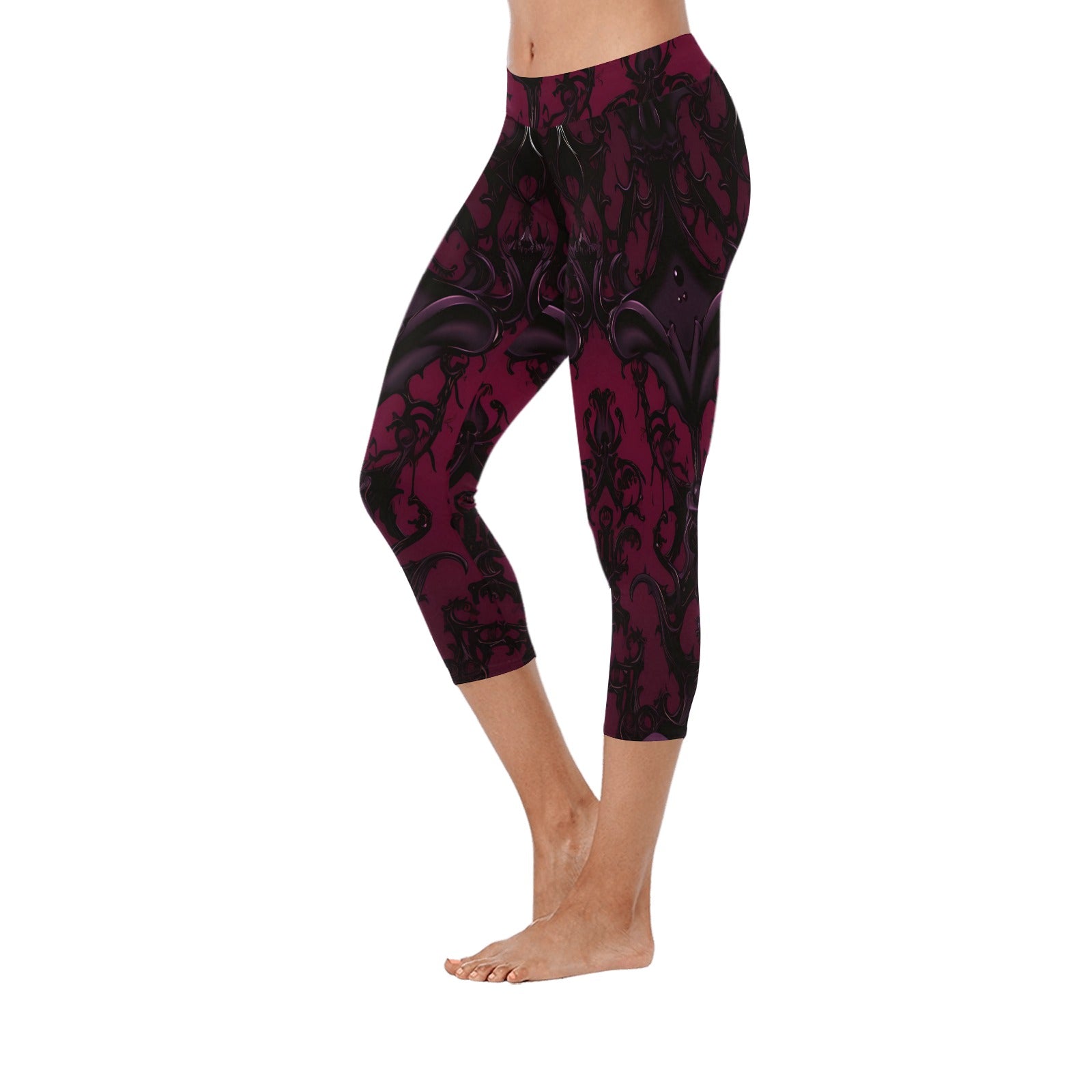 Goth Red and Black Low Rise Capri Leggings for Women - Stretchy Yoga Pants for Casual Wear, Workout, and Gothic Fashion