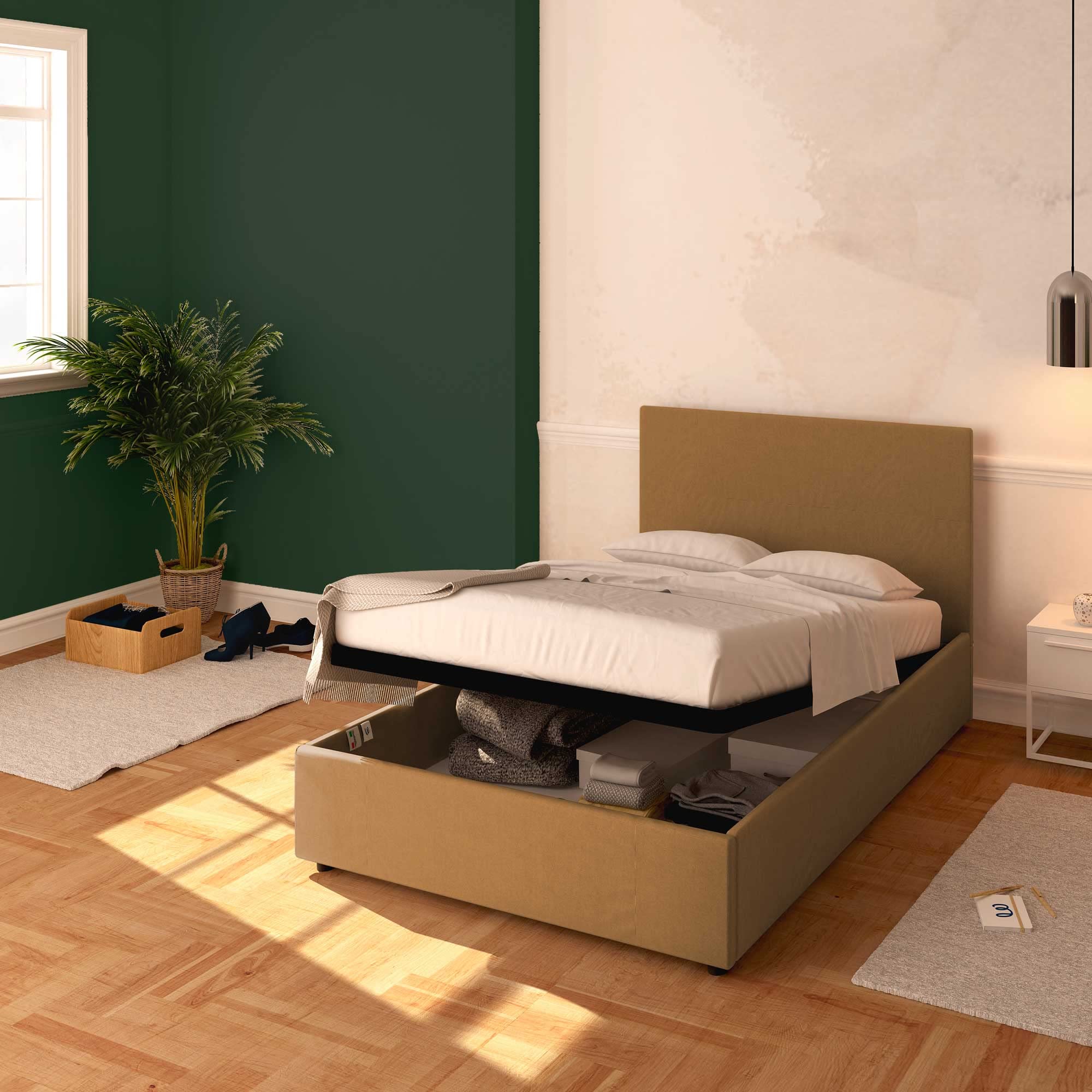 Baldiflex Queen Size Bed with Storage, Rossano Model in Faux Leather, Slatted Base for Queen Mattress, 120 x 200 cm, Elegant Headboard in Light Brown - Perfect for Modern Bedrooms & Small Space Living