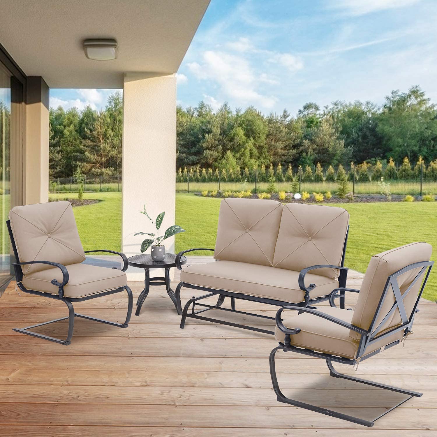 4-Piece Outdoor Wrought Iron Patio Conversation Set with Glider Loveseat, 2 Spring Chairs & Coffee Table - Brown - Perfect for Garden, Backyard, Porch or Poolside Relaxation