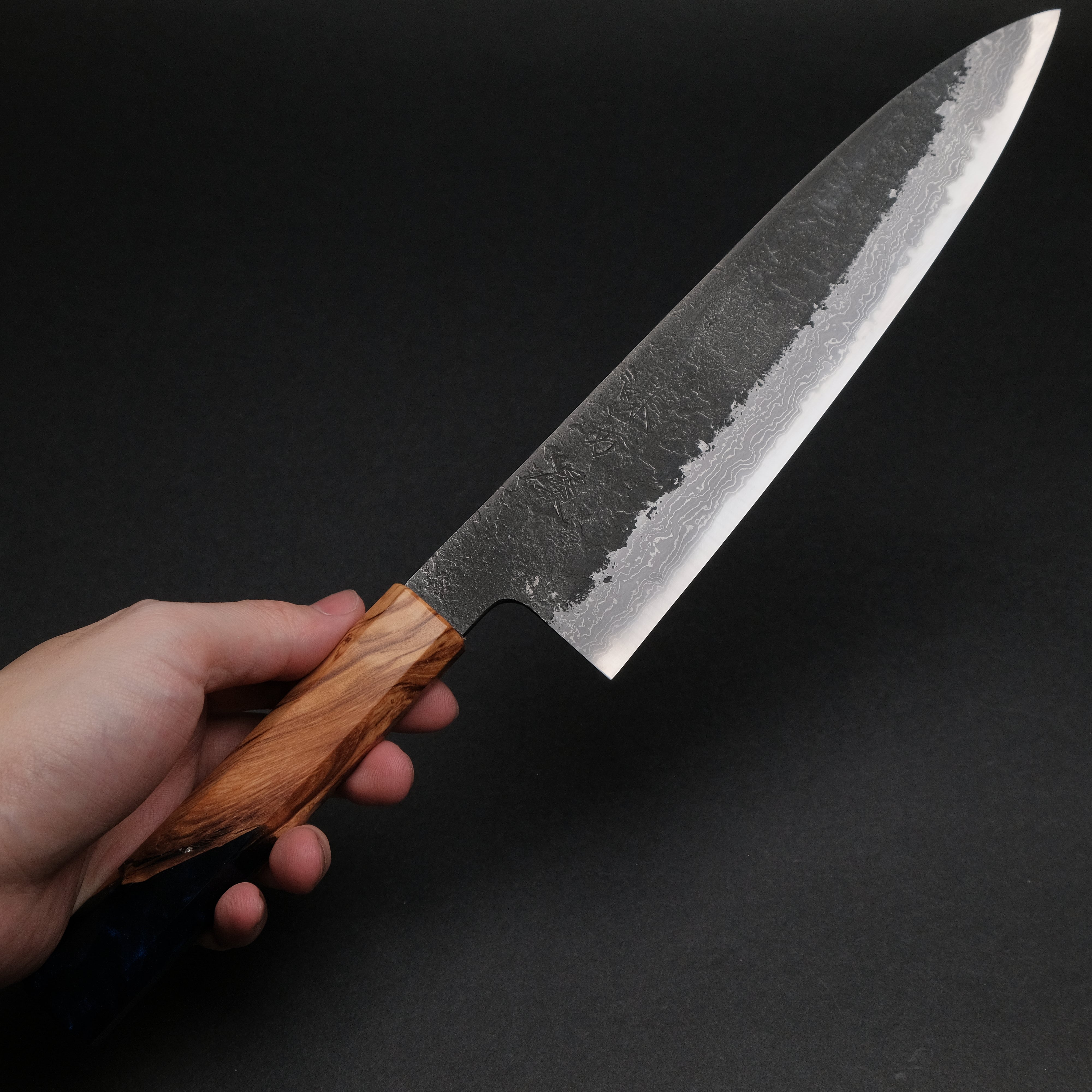 Premium Ajikataya White #2 Nashiji Damascus Gyuto 210mm Chef Knife - Olive Wood & Resin Handle (#46) - Perfect for Sushi, Meat Slicing & Professional Kitchen Use