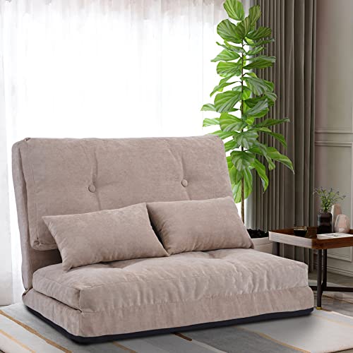 QCLASSIC Adjustable Folding Futon Sofa Bed - Convertible Lazy Sofa with 2 Pillows for Living Room, Bedroom & Small Spaces, Beige (Perfect for Lounging, Napping & Guest Sleeping)