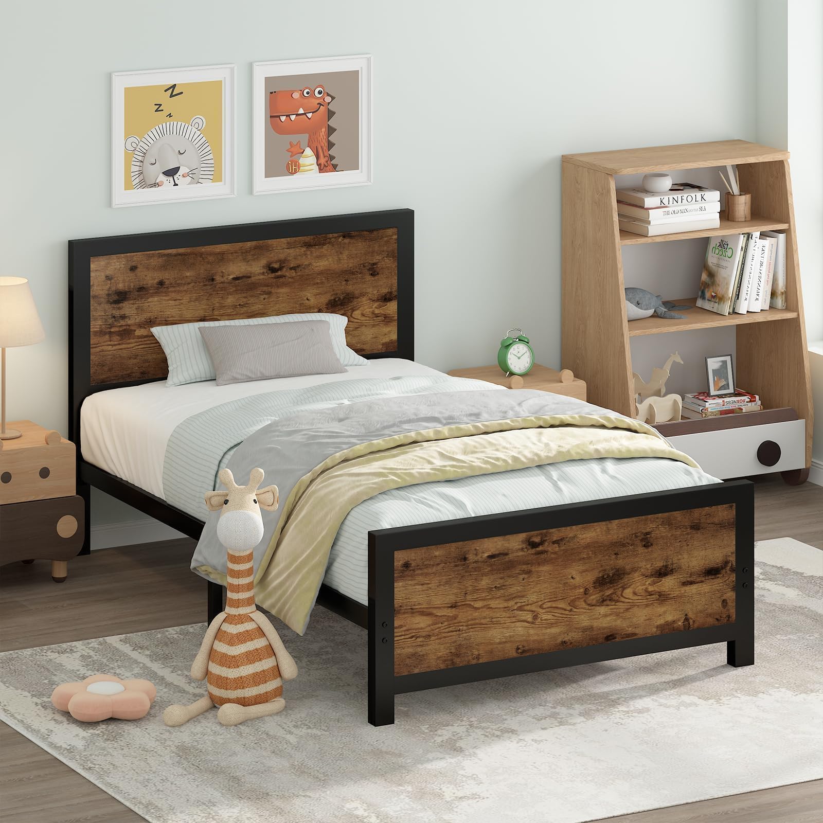 **Twin Size Bed Frame with Wood Headboard & Footboard - Heavy Duty Metal Frame, Noise-Free, No Box Spring Needed - Easy Assembly for Kids, Teens & Guest Rooms**