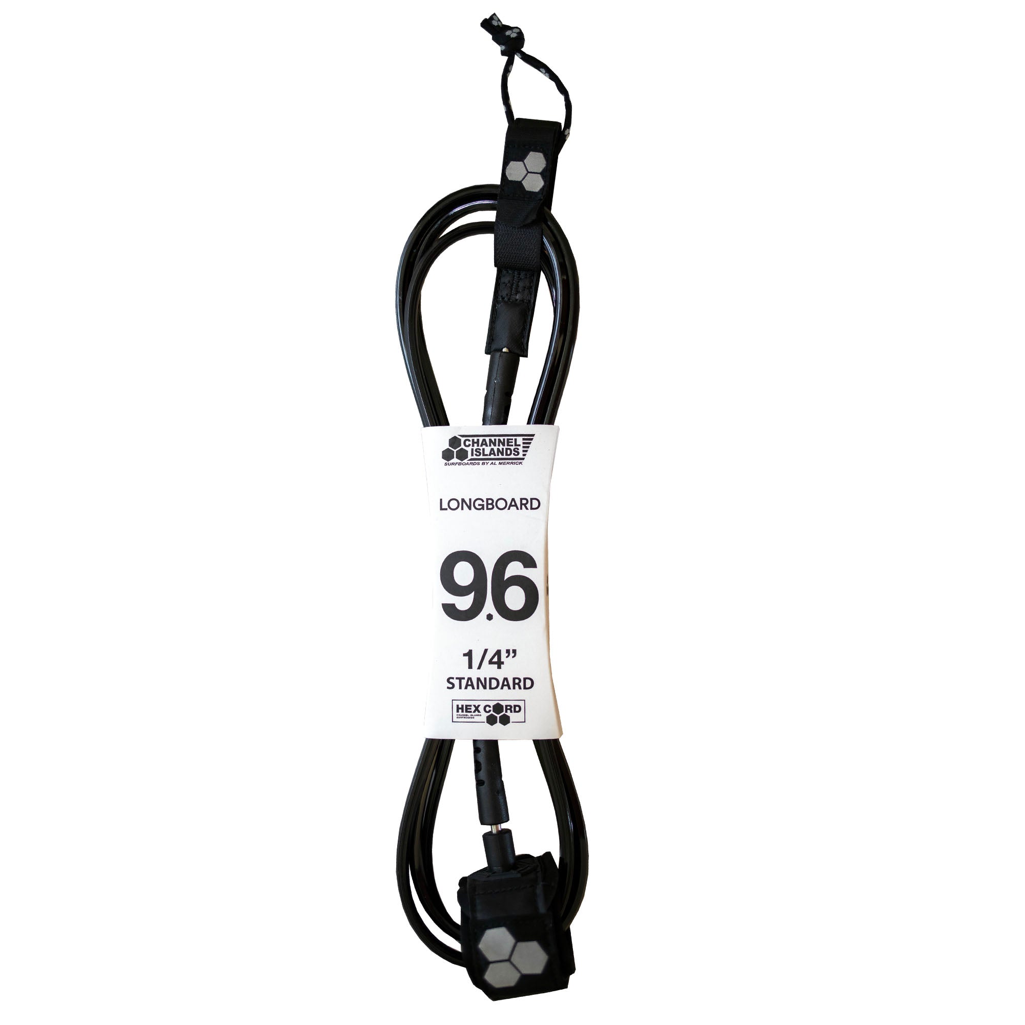 Channel Islands Longboard Hex Cord Standard Surfboard Leash - 9'6 x 1/4 Black - Durable Surfboard Safety Tether for Big Wave Surfing & Longboard Riding