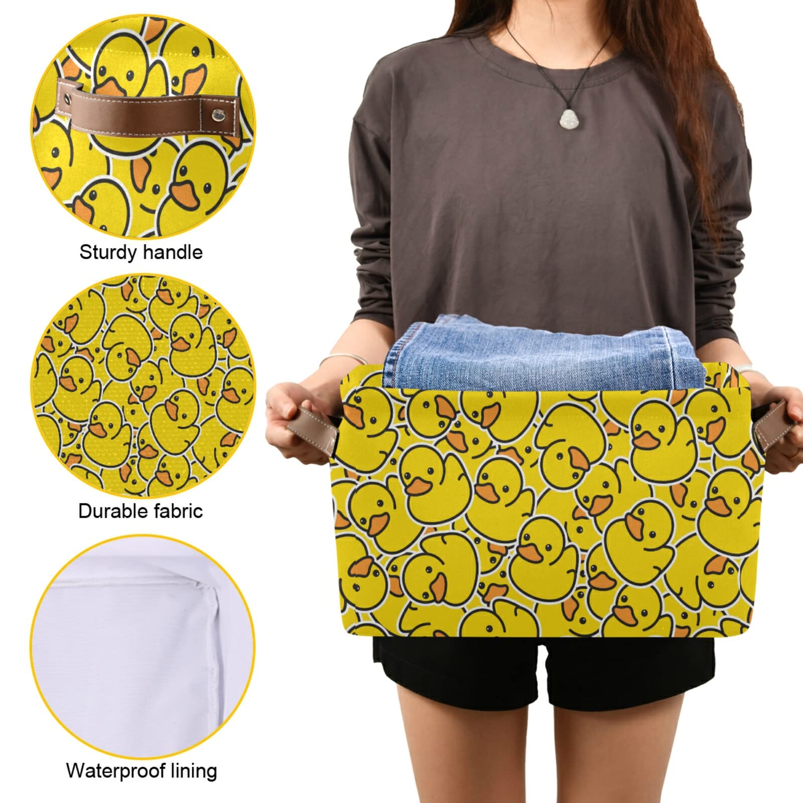 Collapsible Yellow Duck Storage Basket with PU Handles - Large Organizer Bin for Shelf, Closet, Nursery & Laundry Room | Perfect for Kids' Toy Storage & Home Organization (1-Pack)