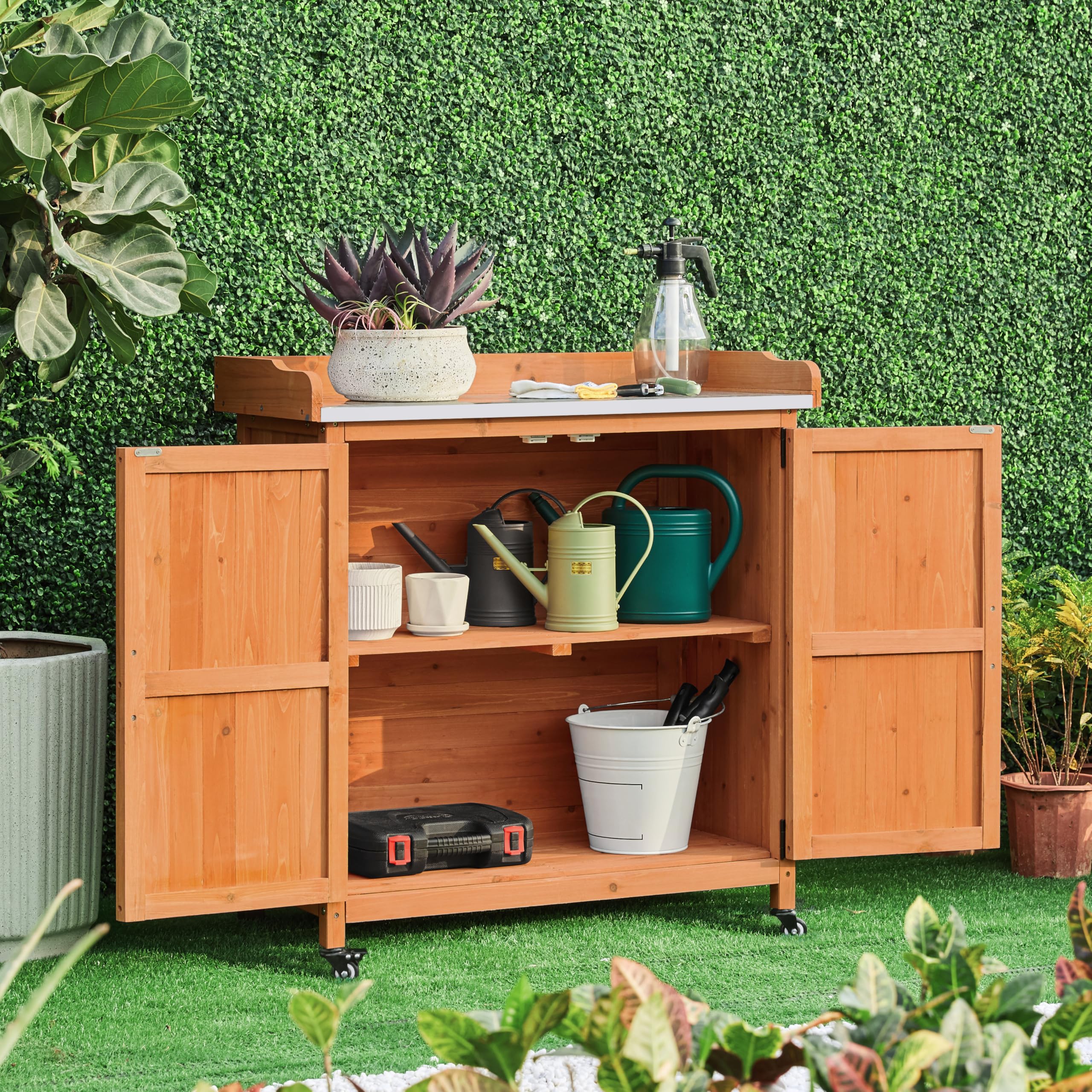 Yaheetech Outdoor Garden Potting Bench - Solid Wood Planting Work Table with Storage Cabinet & Metal-Plated Tabletop for Patio, Gardening, and DIY Projects - Perfect for Organizing Tools, Pots, and Supplies in Your Backyard or Greenhouse