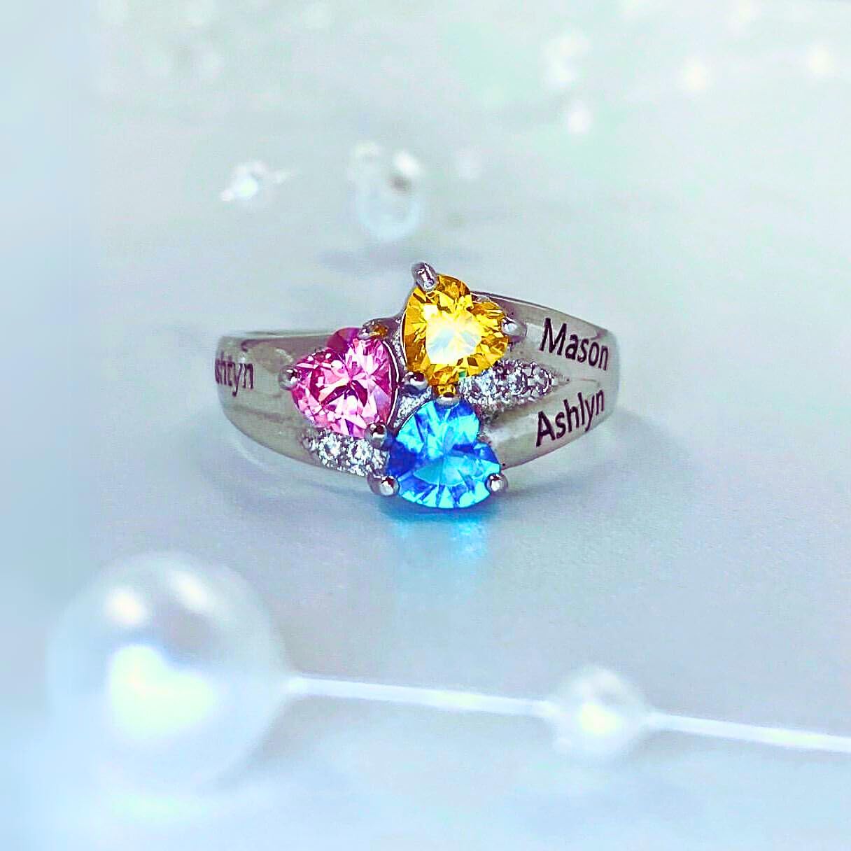 Custom 3 Birthstone Mothers Rings with Engraved Names - Sterling Silver, 10K & 14K White Gold - Personalized Jewelry for Women (Sizes 5-12) - Perfect Gift for Mother's Day, Birthday & Anniversary